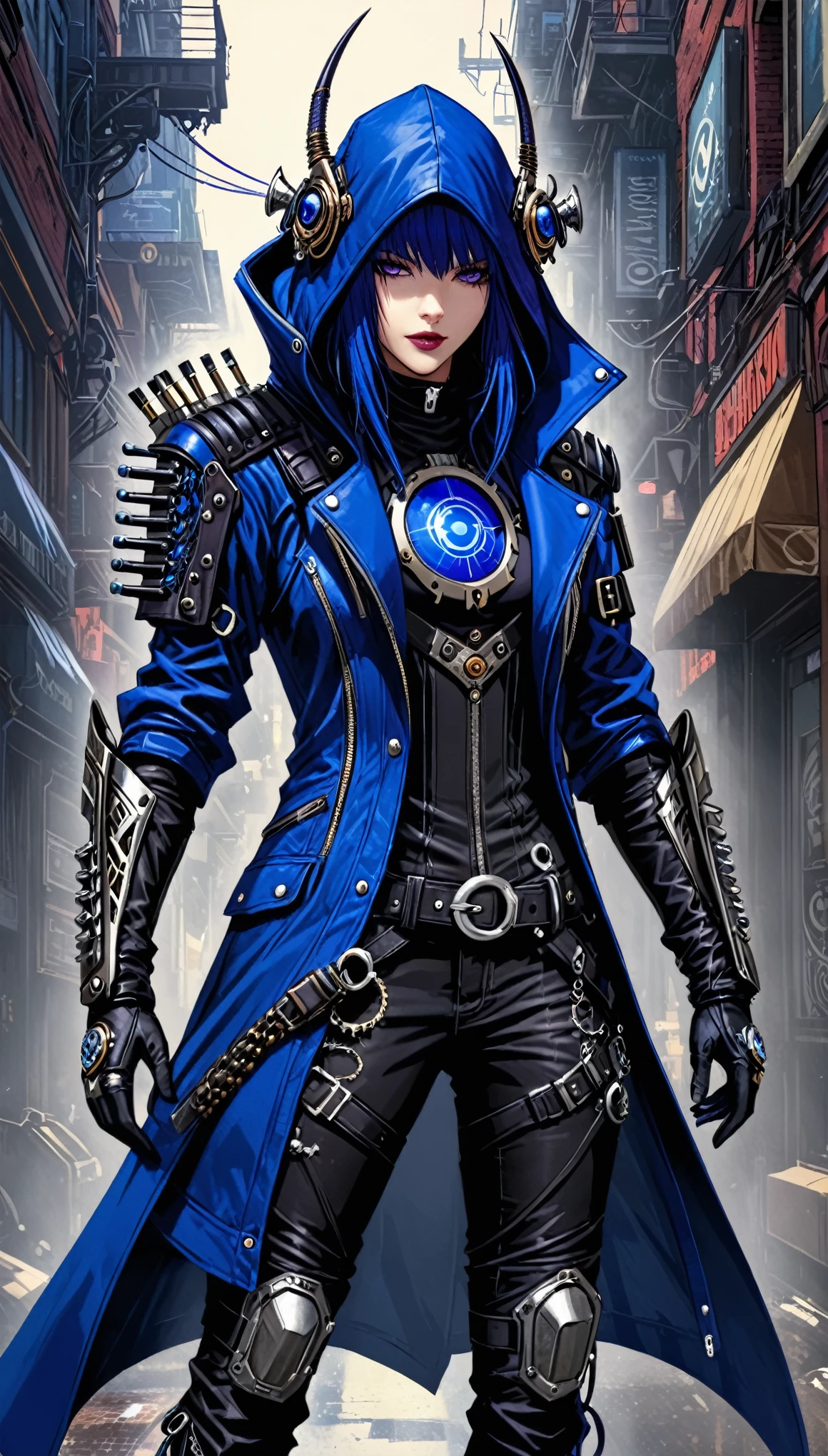 biopunk fashion,assassin,in style of Aaron Horkey,dodgerblue,darkviolet,