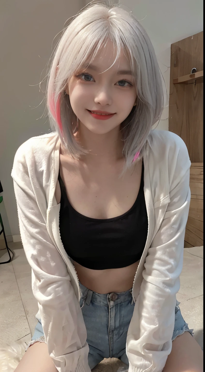 Best image quality、RAW Photos、超A high resolution、21 years old Korean、Small breasts、Dynamic Angle、Cowboy Shot、Chaos in its most beautiful form、elegant、Brutalist Design、Vibrant colors、Beautiful white hair、Short Bob、smile、fun、smile、Glowing White Skin、Beautiful eyes with random colors、Very thin lips、Beautiful eyes in every detail、length, Narrow eyes、Cheeks are pale pink、length eyelashes、Beautiful double eyelids、eye shadow、Bright white hair、Black cropped top、Lightweight see-through jacket、hot pants、Sandy Beach、Squat