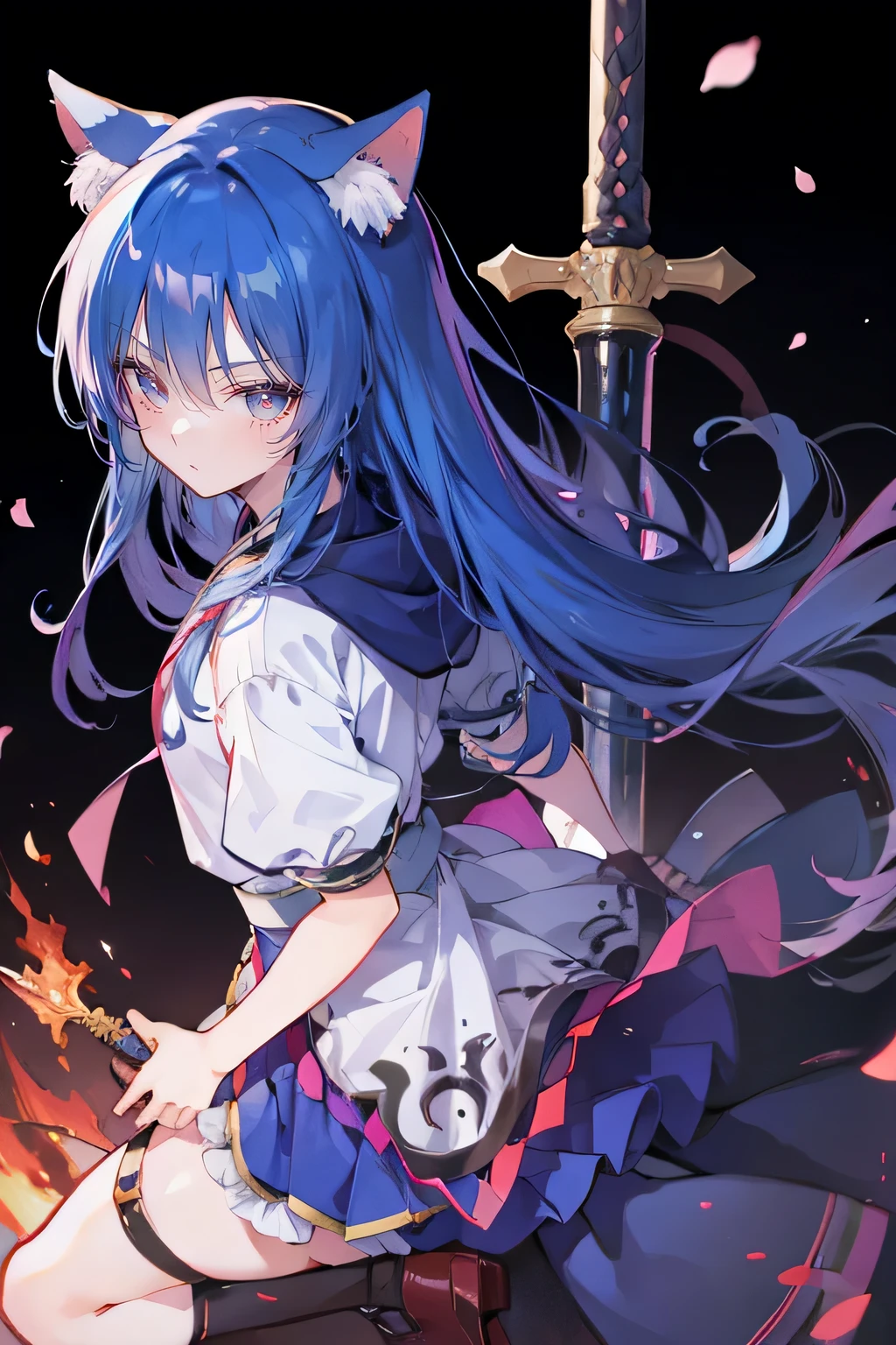 (masterpiece:1.2),Super detailed,lifelike,Expressive eyes,fair skin,perfect face shape,1 girl,
Japanese comics,Gorgeous blue hair,flowing blue hair,flowing clothes,Cat ears,Petals fall,beautiful lola,Baby Angel,
Shaking head with one hand,Cross your legs,Gentle and peaceful background,The pavilion is cool and comfortable,smile, wearing hoodie, background of tokyo,back views,Anime girl holding a sword in the fire, Anime epic artwork, 4k Anime Wallpaper, Anime Art Wallpaper 4K, Anime Art Wallpaper 4k, Anime Wallpaper 4k, anime art wallpaper 8 k, Anime Wallpaper 4 k, Bad guy anime 8k, Anime Wallpaper, Anime Wallpaper, hd Anime Wallpaper, Anime style 4k, 4k comics wallpaper.