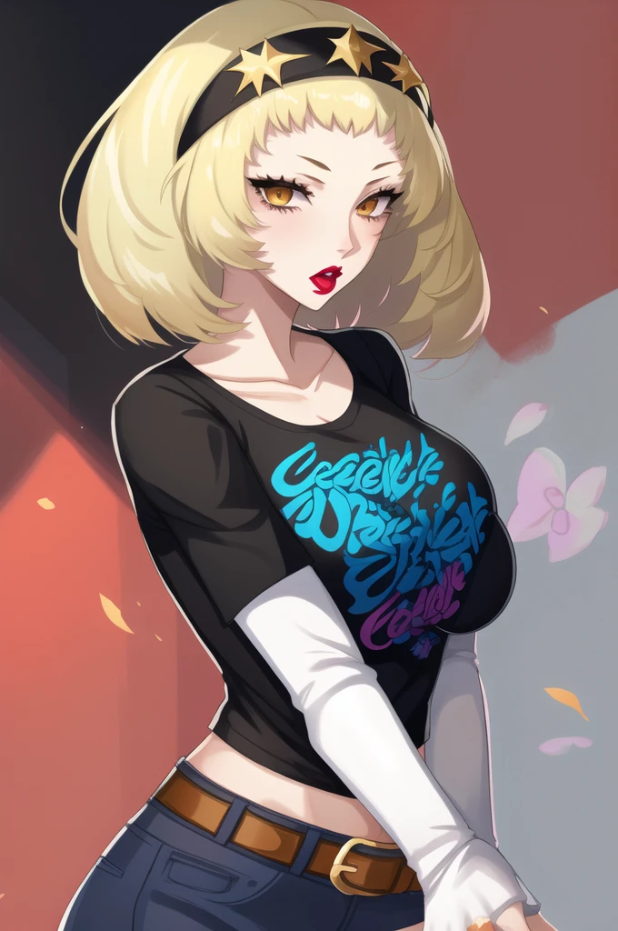 celes chere, blonde hair, blue headband, 1girl, solo, black t-shirt, white shirt, blue jeans, belt, lipstick, large breasts, layered sleeves
