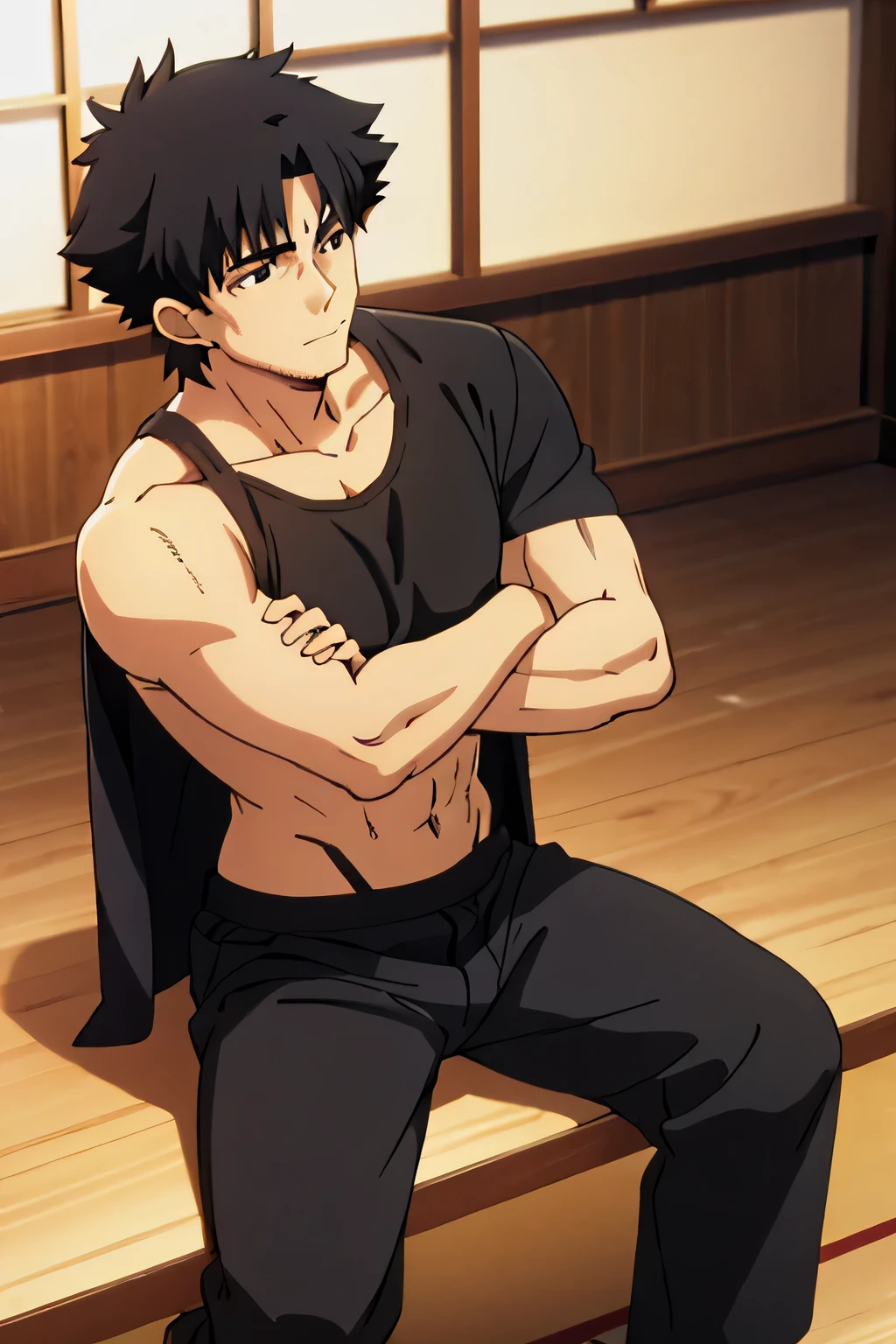 Emiya Kiritsugu is sitting and flexing his biceps. He is wearing a black tshirt [with his sleeves completely rolled up so you can see his entire arm and shoulder] and black boxershorts. You can see his abs.