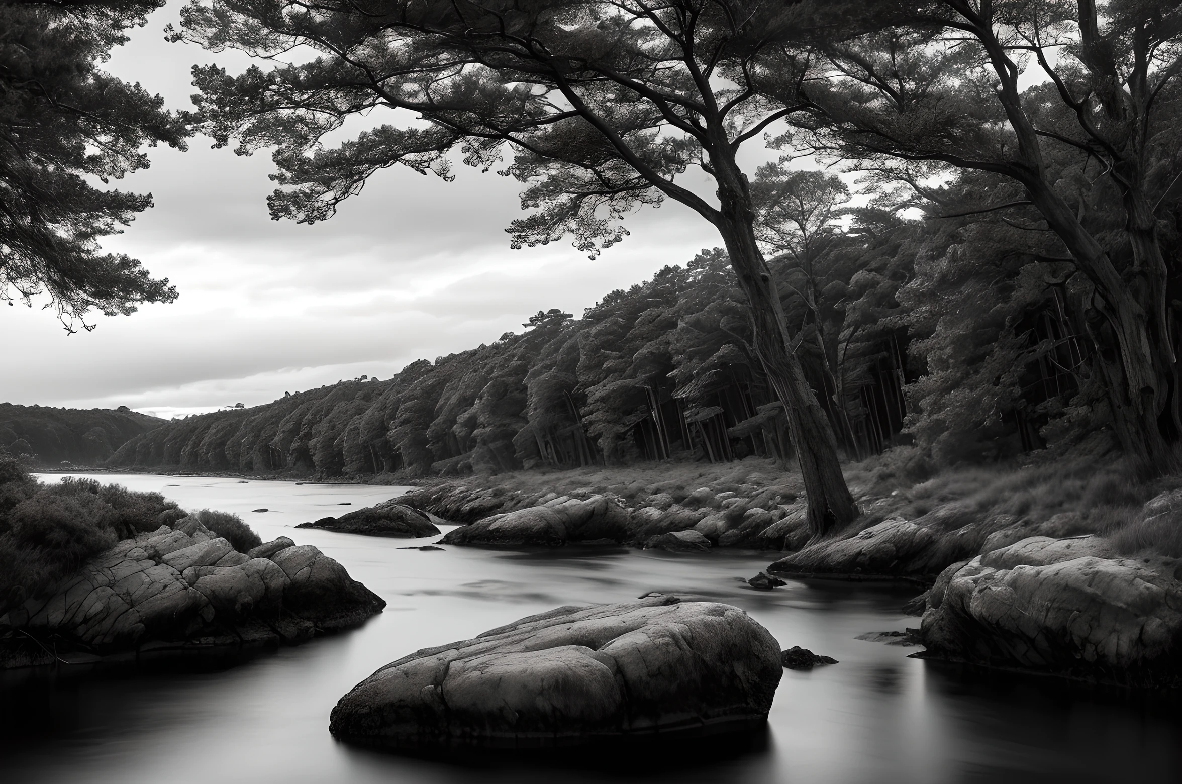 A serene black and white landscape painting, a rocky cliff overlooking a tranquil river with reflected pine trees, (best quality,4k,8k,highres,masterproject:1.2),ultra-detailed,(realistic,photorealistic,photo-realistic:1.37),landscape,nature photography,dramatic lighting,dramatic shadows,moody atmosphere,dramatic composition,cinematic,minimalist,monochrome,high contrast