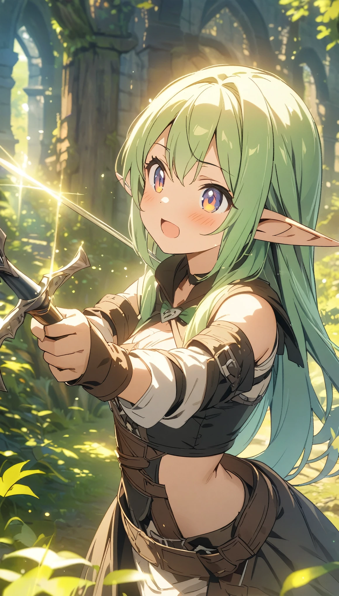 (masterpiece:1.2),(anime),(Medieval Background),(Elf sisters)、((Ready your bow)),((Shoot a bow))、Rogue Outfit、(Archer)、in the forest、((Fantasy)),Fantasy、cute、Light Effects