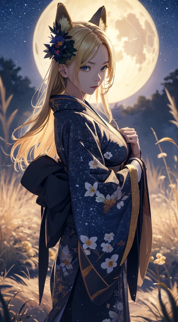 masterpiece, high quality, 4K, Beautiful design, silhouette,blonde, 非常に詳細な夜のStarry Sky,Flower Field, wonderful, Finer details, Very knowledgeable woman, Highly detailed solo, 1 female,Beautiful Eyes,Fox Mask Template,I like rumors,Big Breasts,kimono,Night view,Starry Sky,full moon,