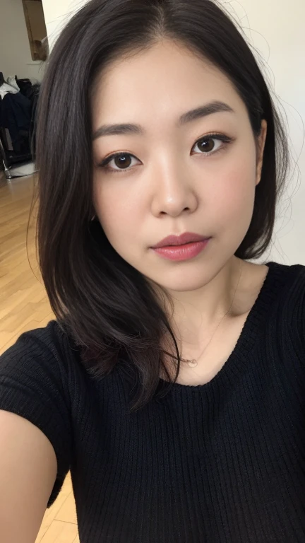 highest quality,masterpiece,Ultra-high resolution,(Realistic:1.4),Beautiful lighting, (Highly detailed CG Unity 8k wallpaper), Beautiful face in every detail,Detailed clothing, 50mm portrait photography, No background、One Girl,Big black eyes, cute, young, Pause, Facial Lighting, Physically Based Rendering,Written boundary depth , Black Hair, ,(Serious face), ((Take from above)), (Please open your mouth wide),Japanese women、20-year-old、Knitted sweater、(Big Breasts)、(Upper Body)、Young and beautiful woman taking a selfie, Taken with iPhone camera