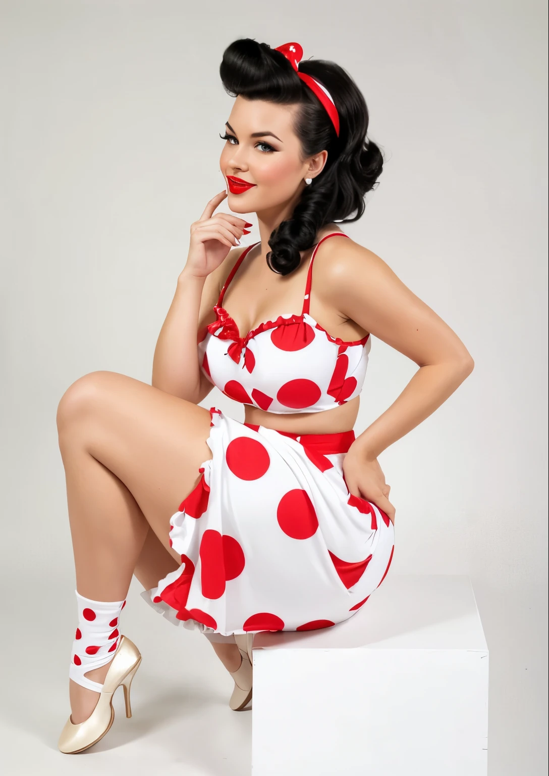 Full length photo of a girl. realistic 35 year old sexy emotional black hair brunette. Her lips are slightly tubular. Squinted gaze, laughs, adding mystery and sexuality. The model is made in pin-up style with hair styling in the style of victory rolls. She has plump sexy red lips, she has average breasts and blows a sexy kiss. She portrays an American housewife, posing in various sexual positions. Her black hair creates the look of a pin-up girl. She is on a white background, red retro dress with large polka dots with fluffy, voluminous ballerina skirt bouffant dress. red retro bouffant dress with polka dots in pin-up style with large polka dots, a fluffy, voluminous ballerina skirt and a tutu. A red bandana on the head., and red stockings on her legs wears a red retro dress with large polka dots with a fluffy voluminous ballerina skirt. Red bandana on head, and red stockings on my feet. The photo is made in pin-up style, emphasizing the retro-USA vibe. open mouth turn of the body sexy look she has one eye closed she has different emotions, she sits making a face