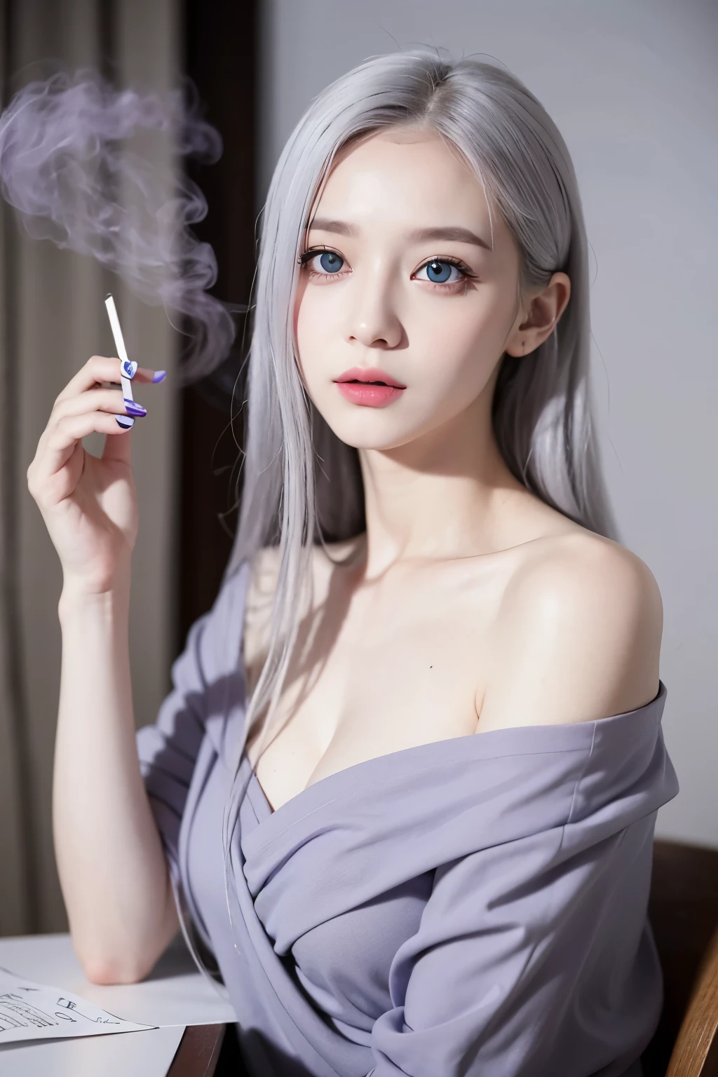 Gray Hair Purple and grey odd eyes Beauty albino young woman paper cigarettes