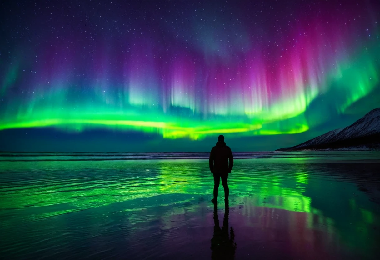 A man stands on the beach, with a colorful aurora borealis in the sky and reflections of light in the water. The photography captures colors of green, purple, red, yellow and blue in the style of colorful.