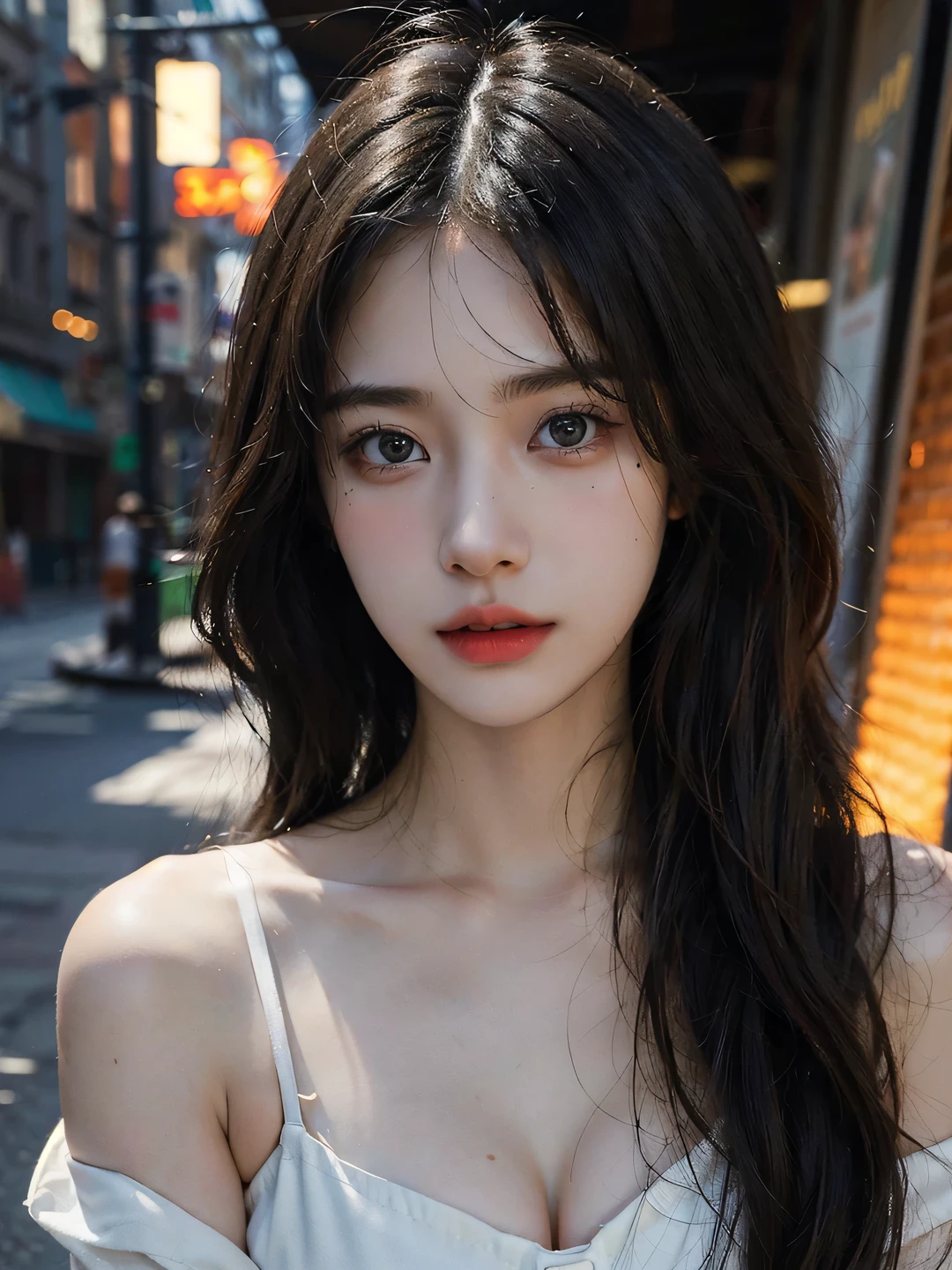 1girl, (looking at viewer:1.2), detail face, (a girl standing, rending on cgsociety, black shadows, streaming, new york backdrop), romanticism, atmospheric, (RAW photo, best quality), (realistic, photo-realistic:1.3), masterpiece, an extremely delicate and beautiful, extremely detailed, D cup，Cleavage，Translucent white tube top1.5，