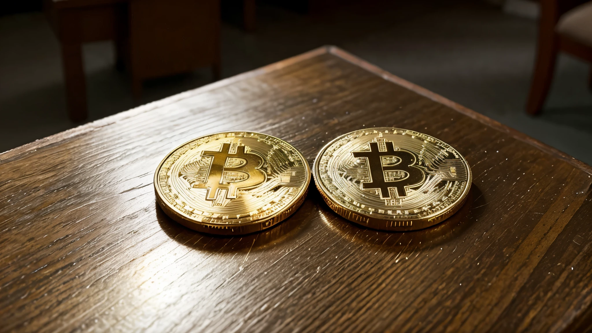 bitcoin coins on a table, propagating style, foto realista. sharp, 4k