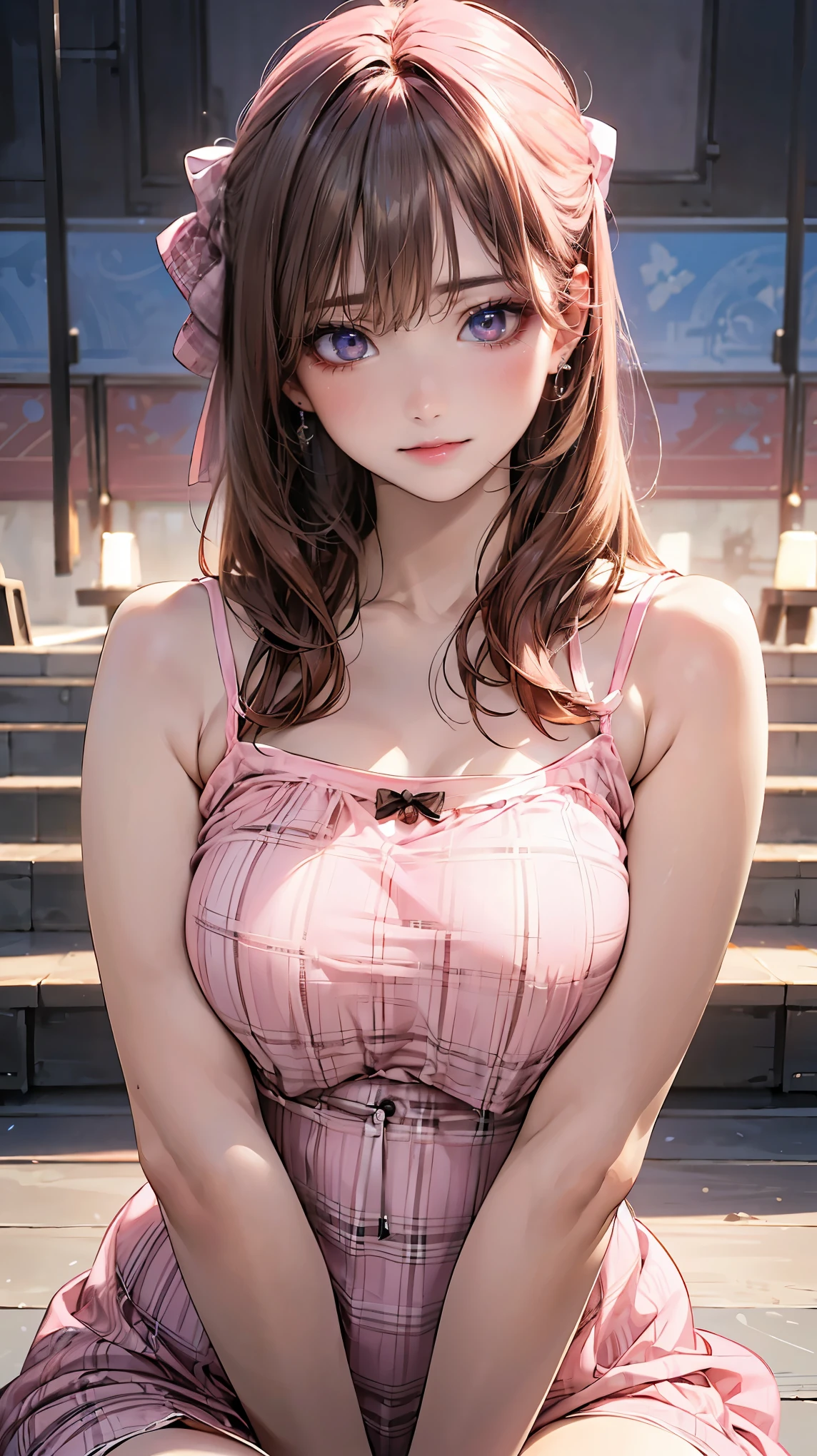 (masterpiece:1.2, highest quality), (Realistic, photoRealistic:1.4), Beautiful illustrations, (Natural Side Lighting, Cinema Lighting),
Looking at the audience, Upper Body, (Front view), (1 girl:1.5), Japanese, cute girl, Perfect Face, Symmetrical cute face, Shiny skin, , Tie your bangs back, Red eyes, Long eyelashes, (medium Breasts), (wide hips:1.3),plump thighs,Beautiful Hair, Beautiful Face, Fine and beautiful eyes, Beautiful clavicle, Beautiful body, Beautiful breasts, Beautiful thighs, Beautiful legs, Beautiful fingers,(Beautiful views),(Cute Smile, Upper Eye), 16 year oightpink color,organic cotton thick checkered summer camisole dress: 1.5), (large head bow in same pattern:1.5), (fluffy semi-long hair,brown hair), summer,