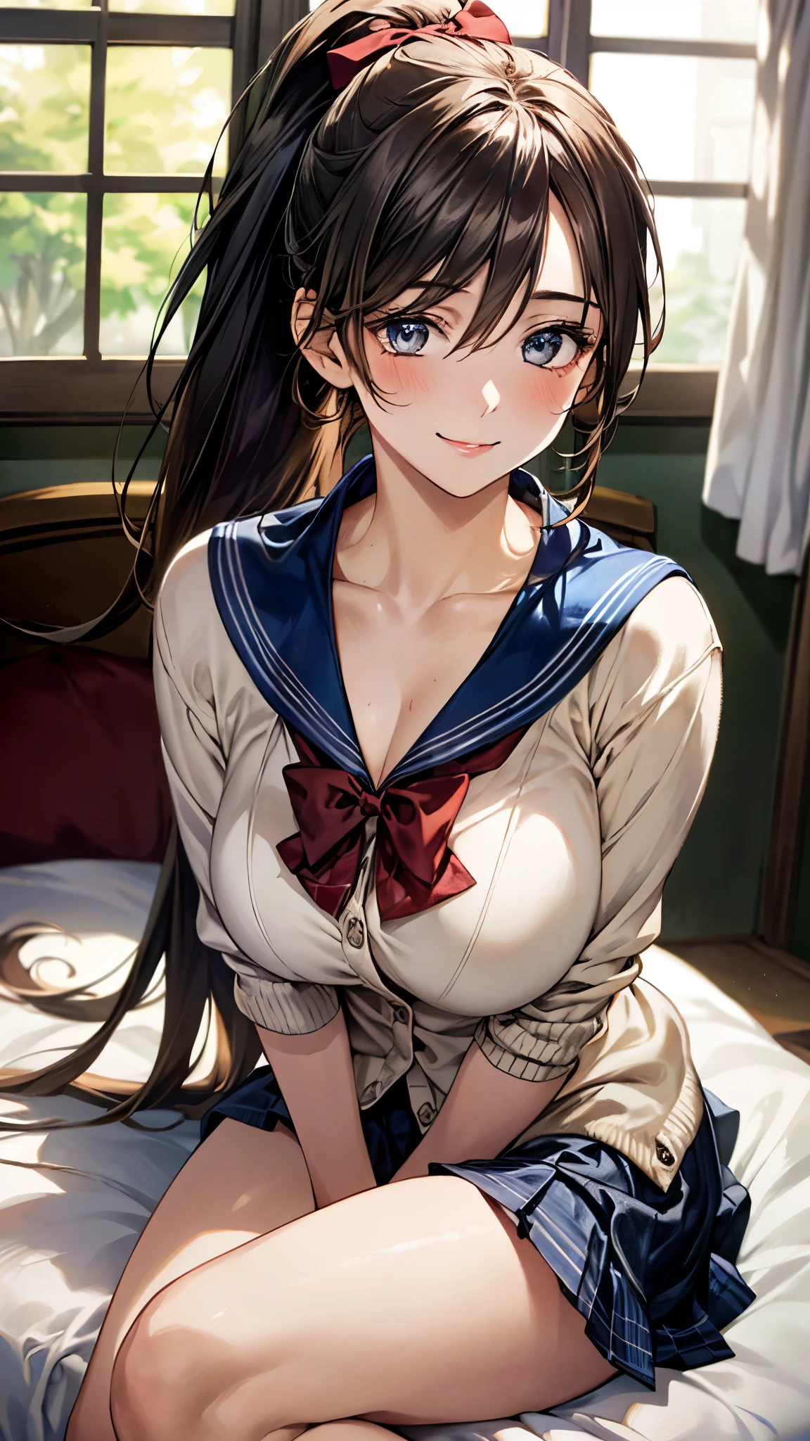 (masterpiece:1.3, top-quality, ultra high res, ultra detailed), (realistic, photorealistic:1.4), beautiful illustration, perfect lighting, natural lighting, colorful, depth of fields, , 
beautiful detailed hair, beautiful detailed face, beautiful detailed eyes, beautiful clavicle, beautiful body, beautiful chest, beautiful thigh, beautiful legs, beautiful fingers, shiny skin, babyface, 
looking at viewer, (face focus), 1 girl, japanese, high school girl, (perfect anatomy, anatomically correct, super detailed skin), cute and symmetrical face, perfect face, perfect eyes, 
(long hair, ponytail, sideburns , sandy beige hair), hair between eyes, blue eyes, long eyelashes, (large breasts, seductive thighs), , outstanding style, 
(detailed cloth texture, cardigan, light blue sailor collar, light blue pleated skirt, red bow tie), 
(beautiful scenery), evening, (room, bed, blue plaid curtains, window), sitting, (lovely smile, upper eyes),