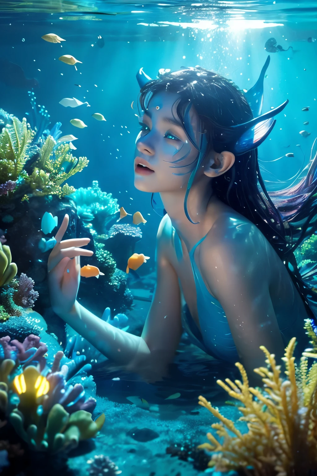 Create a high-resolution image of a young, delicate female blue-skinned alien from the movie "Avatar," swimming underwater surrounded by fish. She should have intricate, sparkling head ornaments and be bathed in sunlight filtering through the water. The scene should be dynamic and immersive, capturing the vibrant, bioluminescent environment of Pandora. The overall atmosphere should be ethereal and awe-inspiring, reflecting the magical essence of the "Avatar" universe.