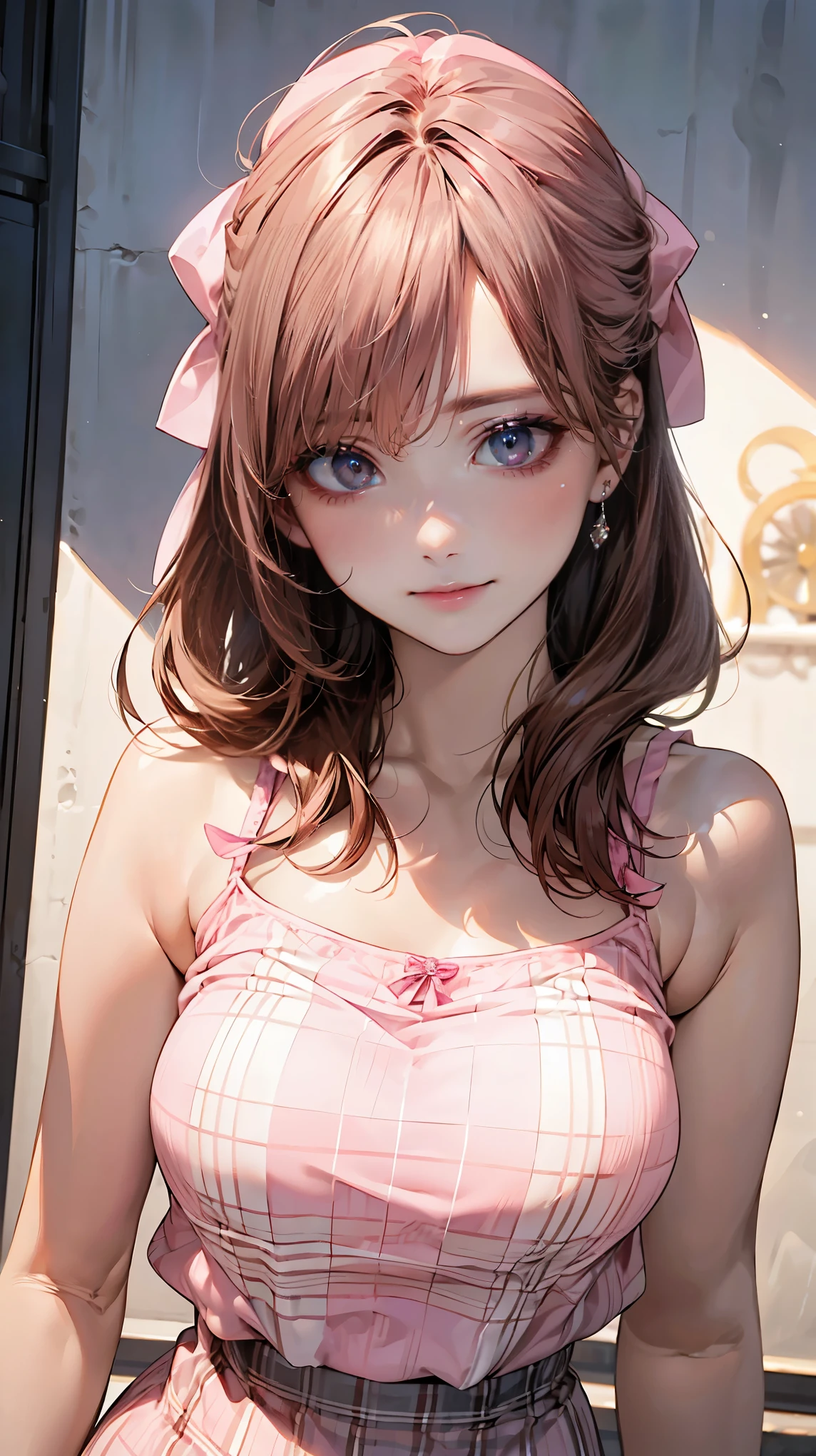 (masterpiece:1.2, highest quality), (Realistic, photoRealistic:1.4), Beautiful illustrations, (Natural Side Lighting, Cinema Lighting),
Looking at the audience, Upper Body, (Front view), (1 girl:1.5), Japanese, cute girl, Perfect Face, Symmetrical cute face, Shiny skin, Baby Face, Tie your bangs back, Red eyes, Long eyelashes, (medium Breasts), (wide hips:1.3),plump thighs,Beautiful Hair, Beautiful Face, Fine and beautiful eyes, Beautiful clavicle, Beautiful body, Beautiful breasts, Beautiful thighs, Beautiful legs, Beautiful fingers,(Beautiful views),(Cute Smile, Upper Eye), 16 year old girl, (lightpink color,organic cotton thick checkered summer camisole dress: 1.5), (large head bow in same pattern:1.5), (fluffy semi-long hair,brown hair), summer,