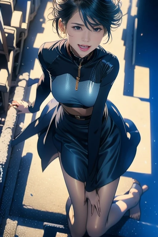 UHD, anatomically correct, textured skin, best quality, 8k,Canon, Canon, foreshortening,Cubist Futurism, modern, Realism, Contemporary art, Action painting,drop shadow, blending、Small Breasts, Svelte Body、From the front、from under、Slouching posture、Watch your steps、Spread your feet, Stand on one knee、