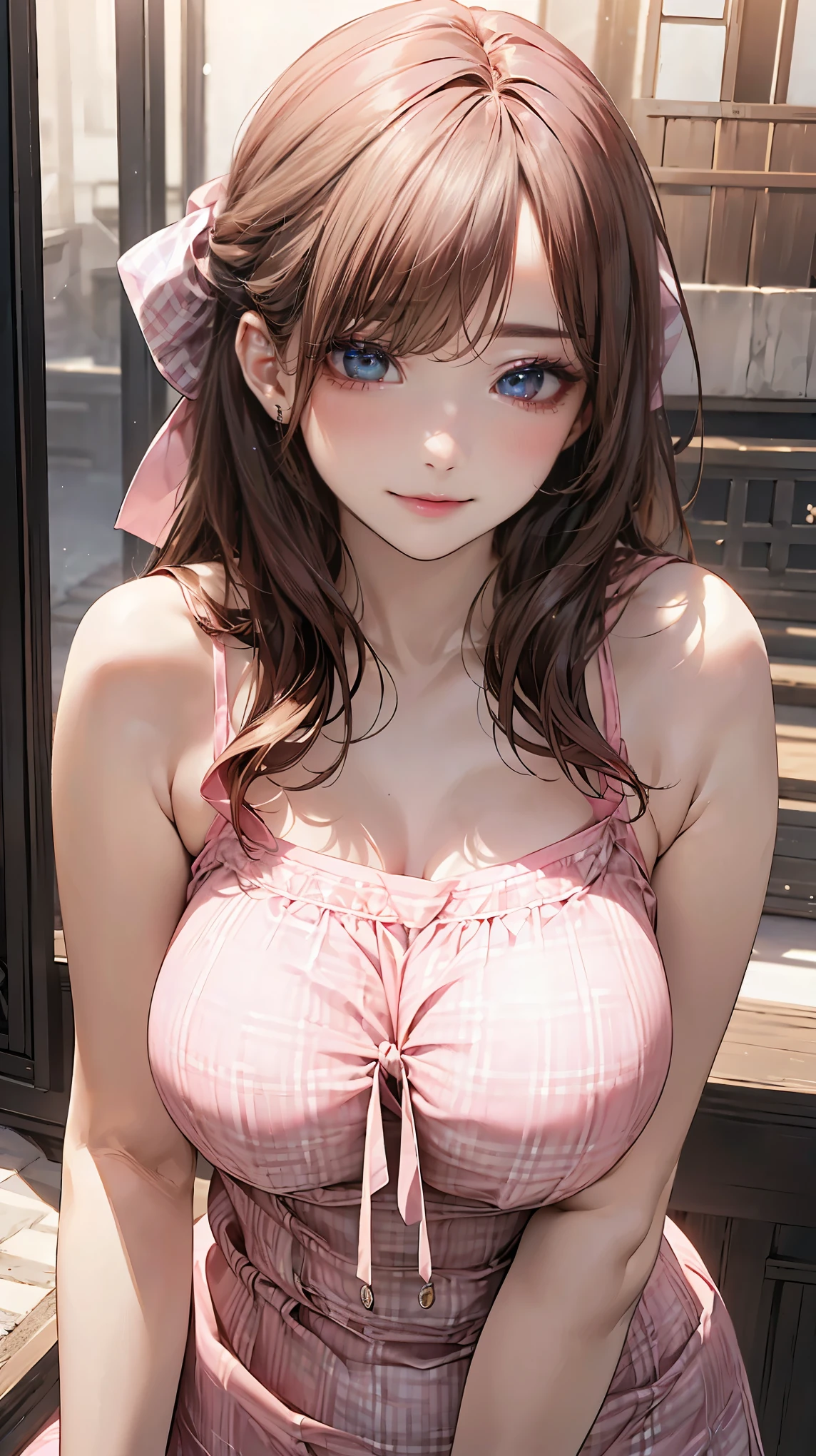 (masterpiece:1.2, highest quality), (Realistic, photoRealistic:1.4), Beautiful illustrations, (Natural Side Lighting, Cinema Lighting),
Looking at the audience, Upper Body, (Front view), (1 girl:1.5), Japanese, cute girl, Perfect Face, Symmetrical cute face, Shiny skin, , Tie your bangs back, Red eyes, Long eyelashes, (medium Breasts), (wide hips:1.3),plump thighs,Beautiful Hair, Beautiful Face, Fine and beautiful eyes, Beautiful clavicle, Beautiful body, Beautiful breasts, Beautiful thighs, Beautiful legs, Beautiful fingers,(Beautiful views),(Cute Smile, Upper Eye), 16 year oightpink color,organic cotton thick checkered summer camisole dress: 1.5), (large head bow in same pattern:1.5), (fluffy semi-long hair,brown hair), summer,