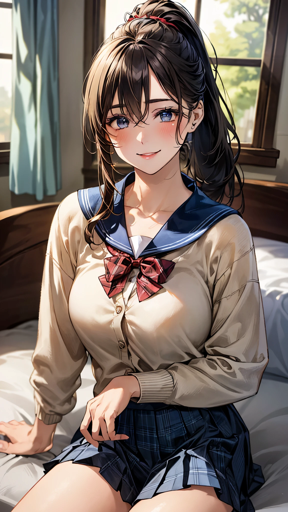 (masterpiece:1.3, top-quality, ultra high res, ultra detailed), (realistic, photorealistic:1.4), beautiful illustration, perfect lighting, natural lighting, colorful, depth of fields, , 
beautiful detailed hair, beautiful detailed face, beautiful detailed eyes, beautiful clavicle, beautiful body, beautiful chest, beautiful thigh, beautiful legs, beautiful fingers, shiny skin, babyface, 
looking at viewer, (face focus), 1 girl, japanese, high school girl, (perfect anatomy, anatomically correct, super detailed skin), cute and symmetrical face, perfect face, perfect eyes, 
(long hair, ponytail, sideburns , sandy beige hair), hair between eyes, blue eyes, long eyelashes, (large breasts, seductive thighs), , outstanding style, 
(detailed cloth texture, cardigan, light blue sailor collar, light blue pleated skirt, red bow tie), 
(beautiful scenery), evening, (room, bed, blue plaid curtains, window), sitting, (lovely smile, upper eyes),