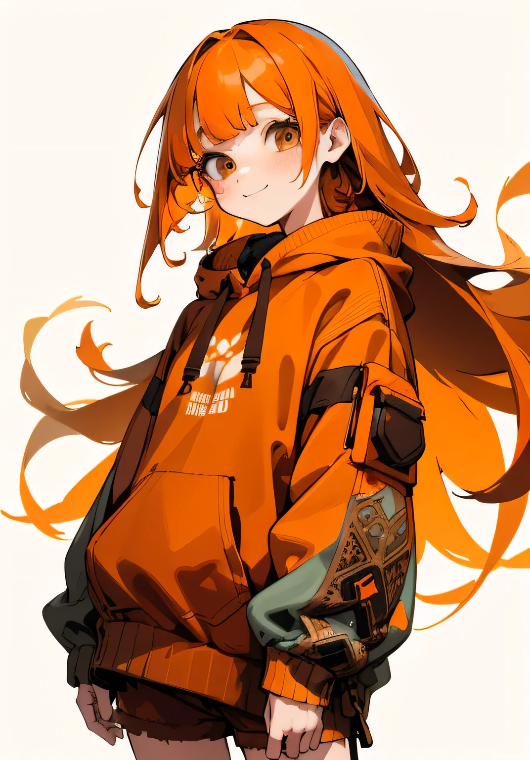 1GIRL, cute girl, finely detailed, (best quality), (intricate details), cute style, apocalypse style, dystopian style, happy girl, multicolored, ((long orange hair)), best quality, ((sweatshirt and shorts)), ((brown clothes)), ((worn down clothes)), ((round eyes)), cute face, happy look, perfect face, simple background portrait