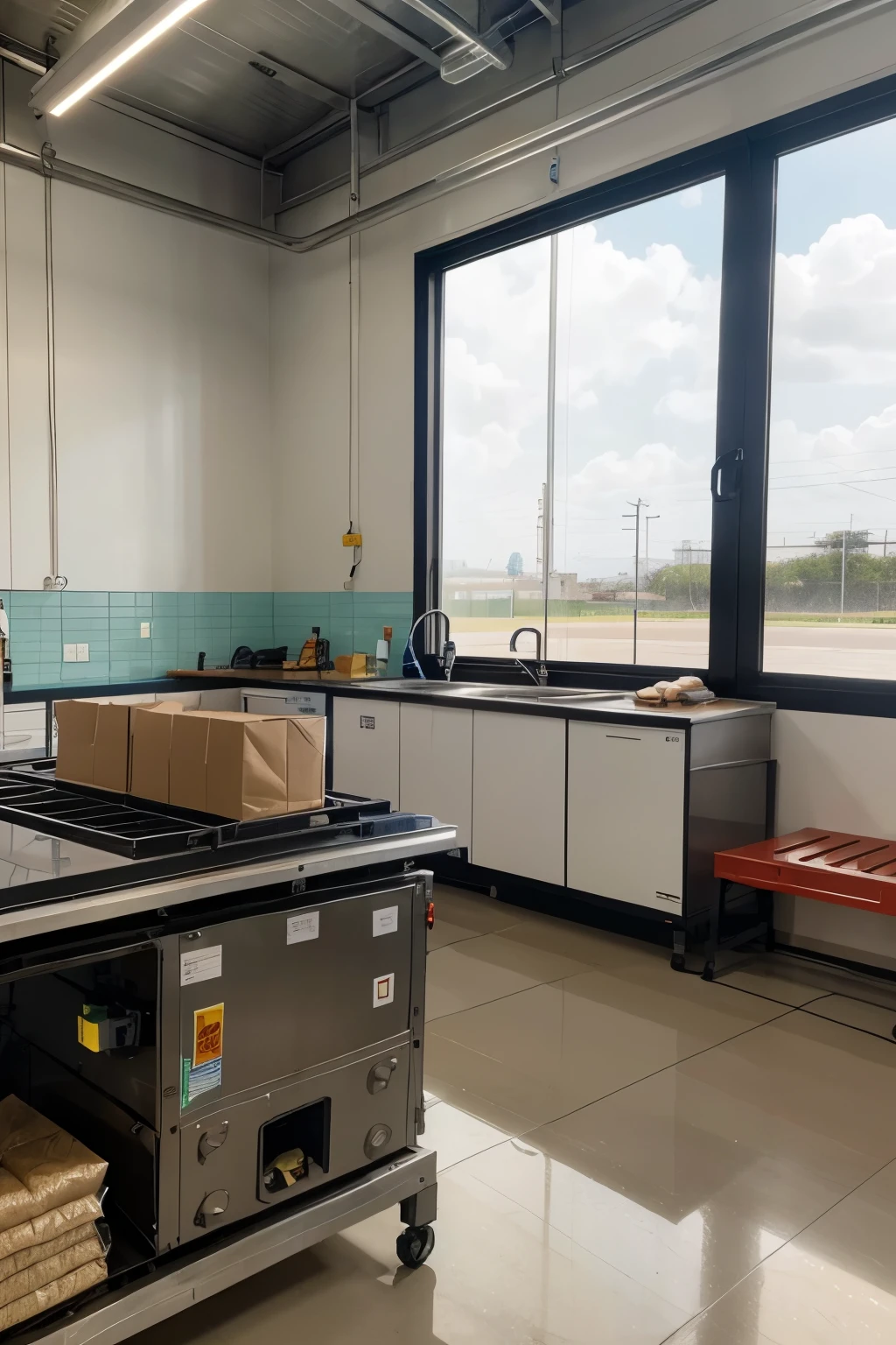 Draw a scene in a clean, modern Danfer Pack factory, focused on the production of packaging for the food industry. Show a vacuum forming machine in operation, molding specific plastic packaging for food, como bandejas, caixas e potes. Ao redor, inclua exemplos de embalagens acabadas contendo alimentos como frutas, meats and ready meals. O ambiente deve ser bem iluminado, com luz branca uniforme, pisos claros e paredes limpas. Add details like digital control screens on the machine, esteiras transportadoras com embalagens prontas, e prateleiras organizadas com materiais e produtos acabados. Include appropriate safety signage and details that highlight strict hygiene standards, such as employees wearing clean uniforms and protective equipment.