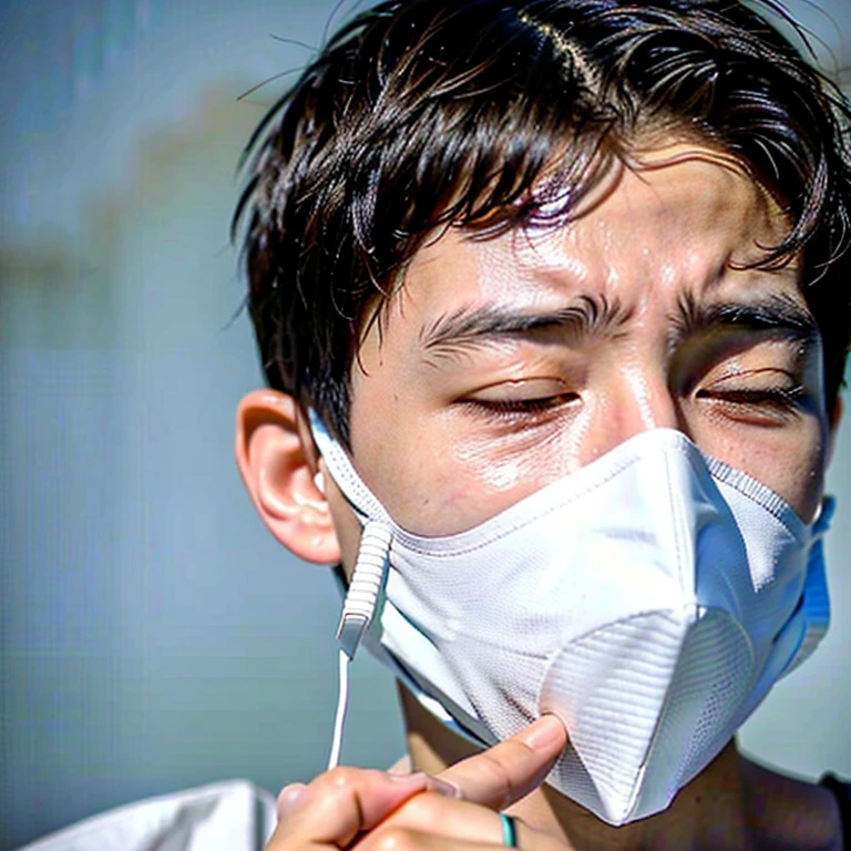 good looking10A boy of about 18 years old is suffering from an infectious disease.、Appearance of suffering. He is wearing a white mask. He has a high fever. he is sleeping. He has a cough. He is exhausted. He is taking his temperature with a thermometer. He is dying. He is cooling his forehead with a cooling gel sheet..