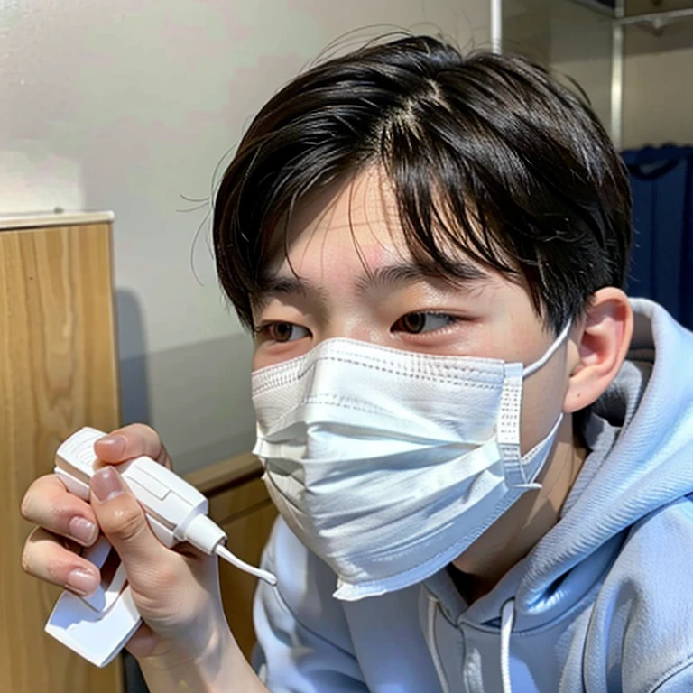 good looking10A boy of about 18 years old is suffering from an infectious disease.、Appearance of suffering. He is wearing a white mask. He has a high fever. he is sleeping. He has a cough. He is exhausted. He is taking his temperature with a thermometer. He is dying. He is cooling his forehead with a cooling gel sheet..