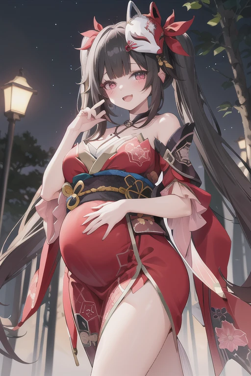 1 Girl, Solitary, Sparkle, Fox Mask, long hair, Double tail, kimono, Japanese clothes, Looking at the audience, Open mouth smile, In the dark and misty forest,Pregnant，Big, big belly