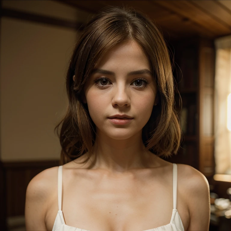She is a woman in her twenties, with an appearance that combines the classic elegance of Jenna Coleman with the touch of determination of Resident Evil's Jill Valentine. Her long, light blonde hair frames a delicate face, adorned with expressive and penetrating eyes. She has an intellectual charm to her look. Her posture is confident, and her presence radiates a mixture of intelligence, courage, and grace.