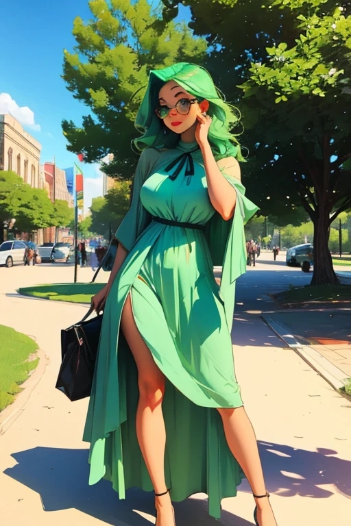 A green haired woman with violet eyes and glasses with an hourglass figure in a summer dress is picnicking at the park