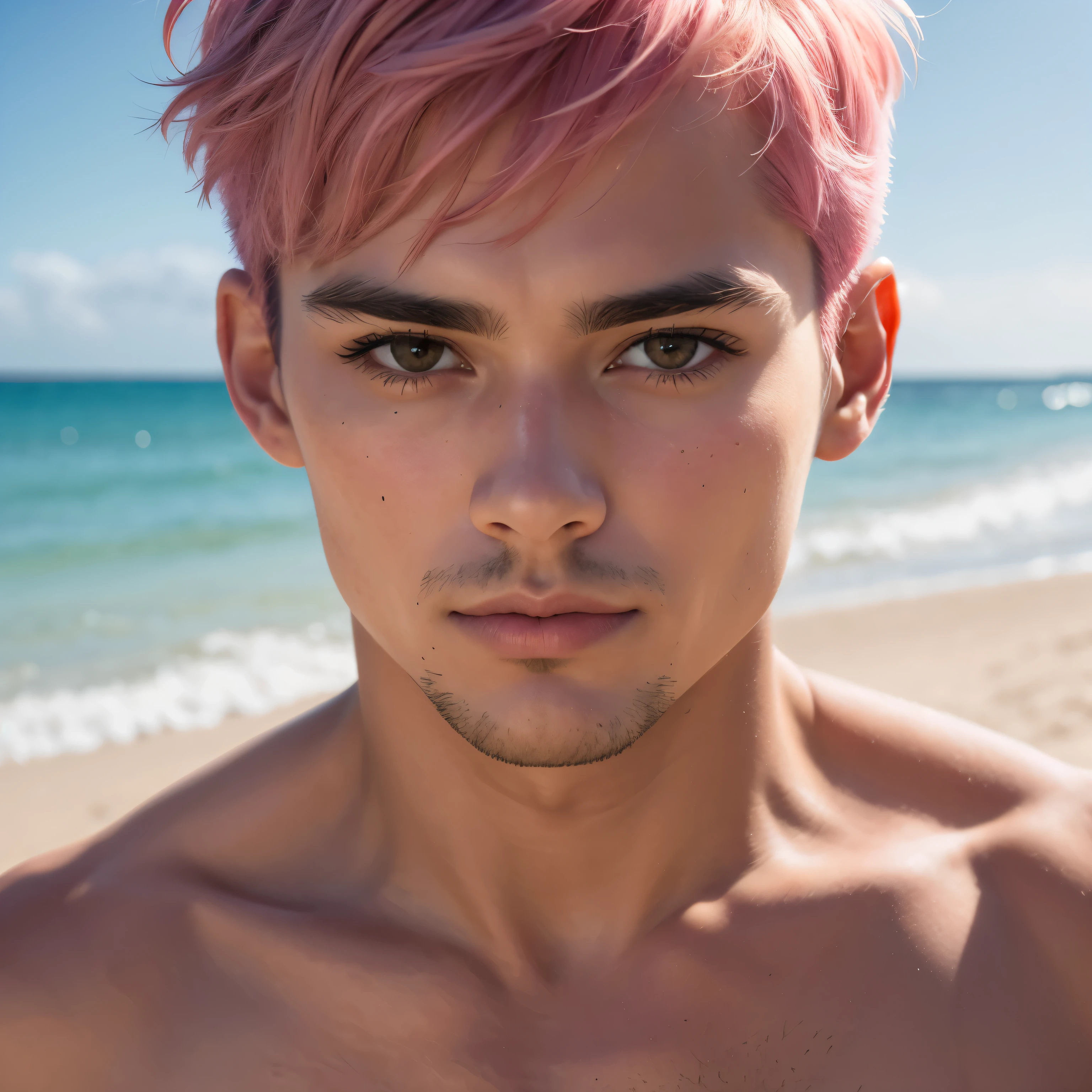 1 boy, white hair, pink eyes, three diamonds on the forehead , beach, naked torso