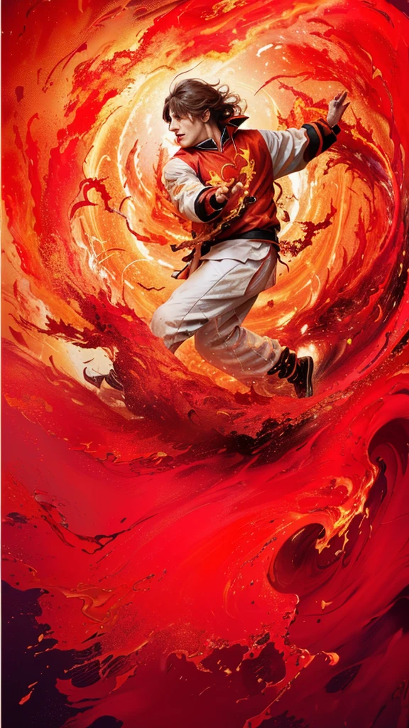The painting shows a man wearing red、Street Dancer, Abstract painting of man on fire, Achannel, Fire Tornado, author:Dariusz Shokov, Official Artwork, fire red, phone wallpaper, amazing depth, Artworks by Alessandro Pautasso, Official Art, Engulfed in raging fire, red background,in the style of cyril rolando, dynamic and action-packed scenes, lifelike renderings, dynamic energy flow, lyon school, uhd image,Ultra HD,8k,HDR --ar9:16 --stylize 750--iw 1.4 --v 6.0