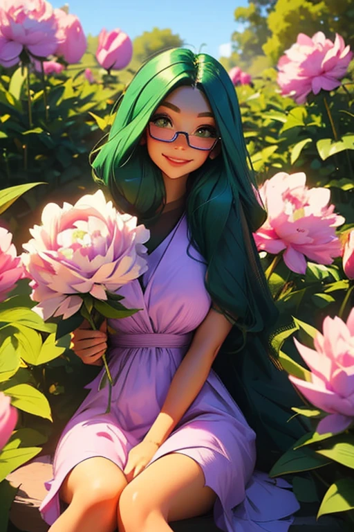 A green haired woman with violet eyes and glasses with an hourglass figure in a summer dress is holding a peony with a bigsmile in the park