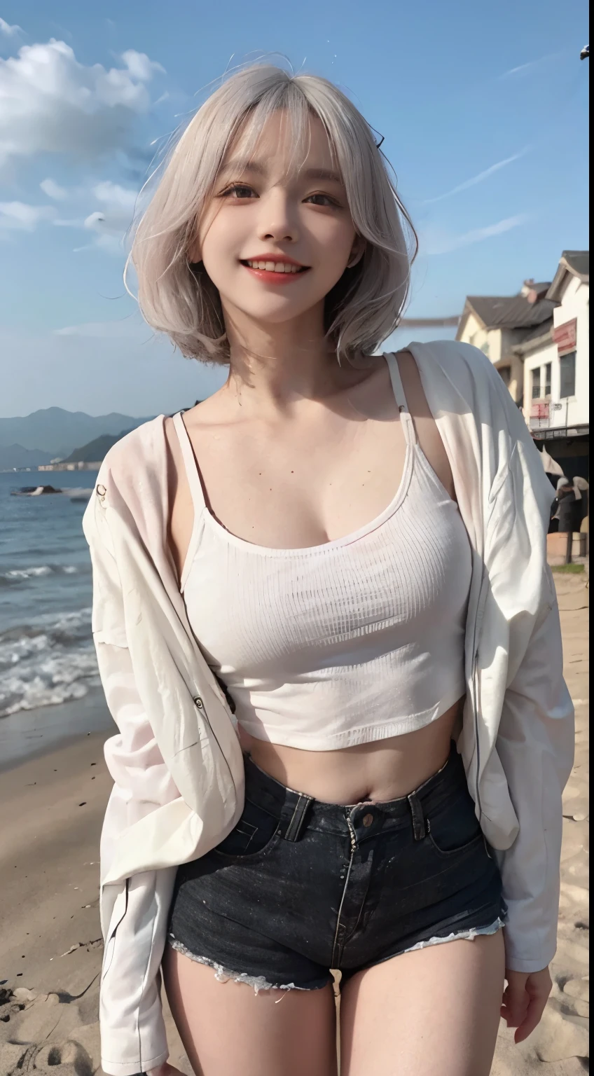 Best image quality、RAW Photos、超A high resolution、21 years old Korean、Small breasts、Dynamic Angle、Cowboy Shot、Chaos in its most beautiful form、elegant、Brutalist Design、Vibrant colors、Beautiful white hair、Short Bob、smile、fun、smile、Glowing White Skin、Beautiful eyes with random colors、Very thin lips、Beautiful eyes in every detail、length, Narrow eyes、Cheeks are pale pink、length eyelashes、Beautiful double eyelids、eye shadow、Bright white hair、Black cropped top、Lightweight see-through jacket、hot pants、Sandy Beach、Squat