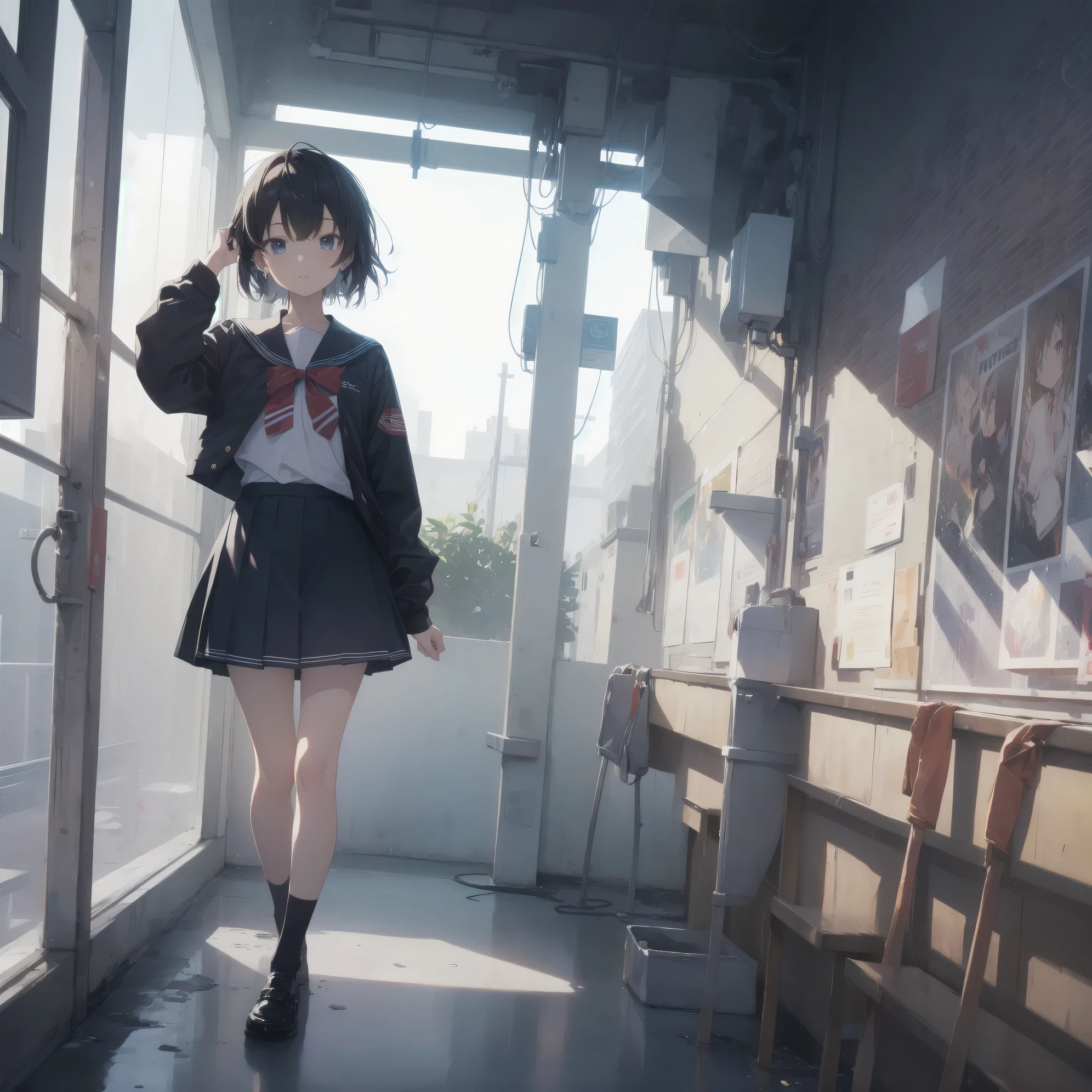 ultra-absurdres-Top quality by artist God, ultra-detailed, high resolution, anime moe artstyle, best anime 8k konachan wallpaper, pixiv contest winner, pool:2810, perfect anatomy,break, 1girl, (Please draw a girl walking sleepily to school alone. )break,(Solo,little female, -yeld:1.Full limbs, complete fingers,a junior hihort hair), short cut, flat chest, , small butt, small black eyes, beautiful detailed eyes, well-proportioned iris and pupils, expressive eyes, highres detailed hair, soft expression, salor school_uniform, sailor collar, serahuku, bow, pleated skirt,(Detailed Lighting), (Detailed background), in the School commute route. break,super detailed skin, Best cinematic lighting powered by famous artist, 8k,beauty illustration,photoshop_(medium),very aesthetic,break,((artist:ishiyumi )), artist:clamp ,artist:carnelian ,artist:kantoku ,
