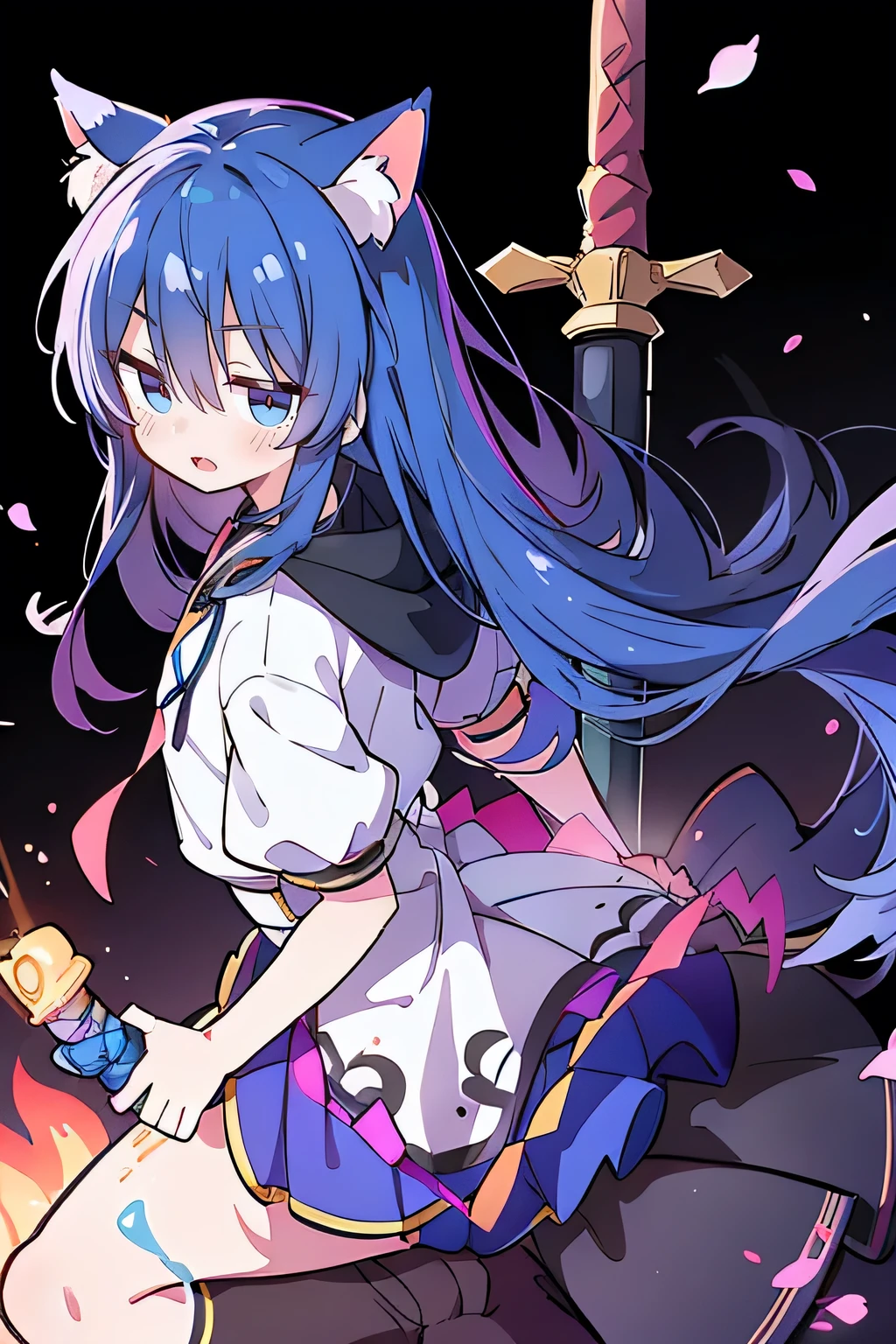 (masterpiece:1.2),Super detailed,lifelike,Expressive eyes,fair skin,perfect face shape,1 girl,
Japanese comics,Gorgeous blue hair,flowing blue hair,flowing clothes,Cat ears,Petals fall,beautiful lola,Baby Angel,
Shaking head with one hand,Cross your legs,Gentle and peaceful background,The pavilion is cool and comfortable,smile, wearing hoodie, background of tokyo,back views,Anime girl holding a sword in the fire, Anime epic artwork, 4k Anime Wallpaper, Anime Art Wallpaper 4K, Anime Art Wallpaper 4k, Anime Wallpaper 4k, anime art wallpaper 8 k, Anime Wallpaper 4 k, Bad guy anime 8k, Anime Wallpaper, Anime Wallpaper, hd Anime Wallpaper, Anime style 4k, 4k comics wallpaper.