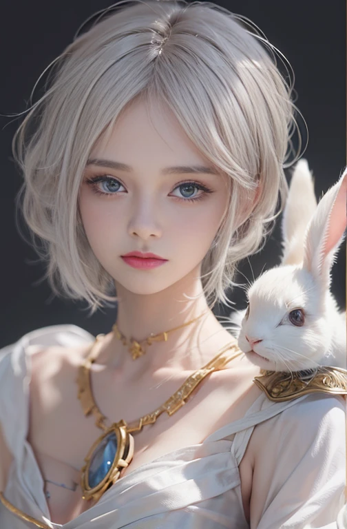 18-year-old, Close up portrait of woman in Ancient Greek clothing 、Shoulders out、thin、Serious expression、Short-haired、Deadly position, Gorgeous Necklace, Light milky porcelain skin, Smooth, Translucent white skin, Enchanting anime girl, Beautiful and seductive anime woman, Ultra realistic sweet bunny girl, Pale porcelain white skin, Smooth, Realistic and perfect body, Anime Girl Cosplay, Perfect body with realistic shadows, Switzerland&#39;Masterpiece, Hugging a cute white rabbit 