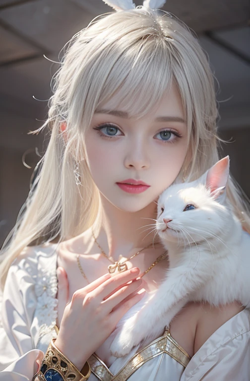 18-year-old, Close up portrait of woman in Ancient Greek clothing 、Shoulders out、thin、Serious expression、Short-haired、Deadly position, Gorgeous Necklace, Light milky porcelain skin, Smooth, Translucent white skin, Enchanting anime girl, Beautiful and seductive anime woman, Ultra realistic sweet bunny girl, Pale porcelain white skin, Smooth, Realistic and perfect body, Anime Girl Cosplay, Perfect body with realistic shadows, Switzerland&#39;Masterpiece, Hugging a cute white rabbit 
