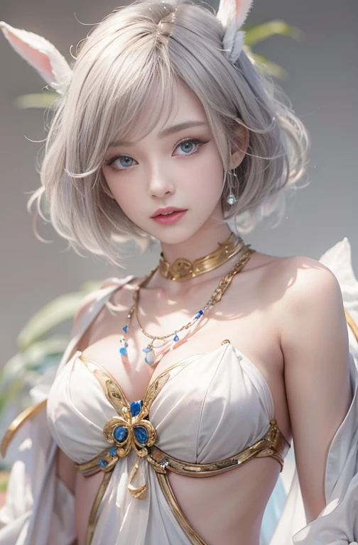18-year-old, Close up portrait of woman in Ancient Greek clothing 、Shoulders out、thin、Serious expression、Short-haired、Deadly position, Gorgeous Necklace, Light milky porcelain skin, Smooth, Translucent white skin, Enchanting anime girl, Beautiful and seductive anime woman, Ultra realistic sweet bunny girl, Pale porcelain white skin, Smooth, Realistic and perfect body, Anime Girl Cosplay, Perfect body with realistic shadows, Switzerland'Masterpiece, Hugging a cute white rabbit