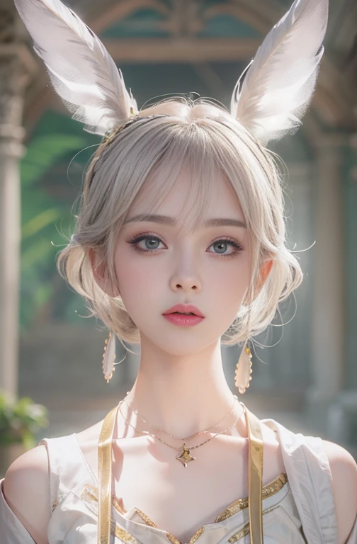 18-year-old, Close up portrait of woman in Ancient Greek clothing 、Shoulders out、thin、Serious expression、Short-haired、Deadly position, Gorgeous Necklace, Light milky porcelain skin, Smooth, Translucent white skin, Enchanting anime girl, Beautiful and seductive anime woman, Ultra realistic sweet bunny girl, Pale porcelain white skin, Smooth, Realistic and perfect body, Anime Girl Cosplay, Perfect body with realistic shadows, Switzerland'masterpiece, Hugging a cute white rabbit
