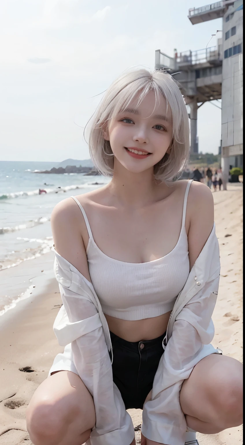 Best image quality、RAW Photos、超A high resolution、21 years old Korean、Small breasts、Dynamic Angle、Cowboy Shot、Chaos in its most beautiful form、elegant、Brutalist Design、Vibrant colors、Beautiful white hair、Short Bob、smile、fun、smile、Glowing White Skin、Beautiful eyes with random colors、Very thin lips、Beautiful eyes in every detail、length, Narrow eyes、Cheeks are pale pink、length eyelashes、Beautiful double eyelids、eye shadow、Bright white hair、Black cropped top、Lightweight see-through jacket、hot pants、Sandy Beach、Squat