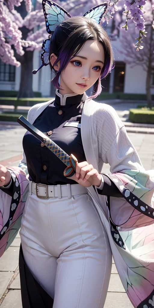Ultra-realistic 8k CG,masterpiece,((ultra-detailed background, delicate pattern, intricate details)),best quality,very detailed face,extremely detailed eyes and face,extremely detailed eyes,kochou shinobu,multicolored hair,hair intakes,purple eyes,forehead,black shirt,black pants,haori,butterfly,buttons,belt,(Garden:1.2),purple flower,chibi,cloudy sky,sunlight,Tindal effect,gradient_sky,face,Gorgeous sky,Waist Sabre,Charming posture,