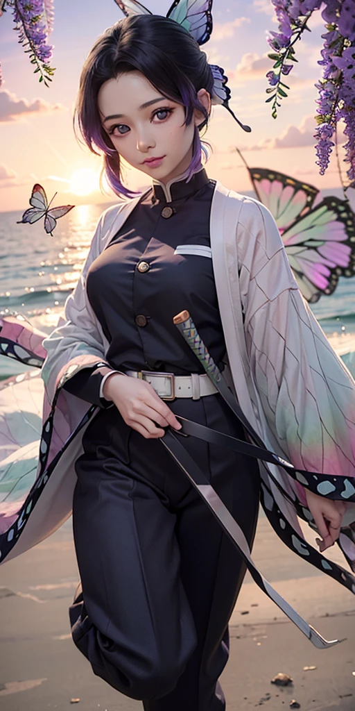 Ultra-realistic 8k CG,masterpiece,((ultra-detailed background, delicate pattern, intricate details)),best quality,very detailed face,extremely detailed eyes and face,extremely detailed eyes,kochou shinobu,multicolored hair,hair intakes,purple eyes,forehead,black shirt,black pants,haori,butterfly,buttons,belt,(Garden:1.2),purple flower,chibi,cloudy sky,sunlight,Tindal effect,gradient_sky,face,Gorgeous sky,Waist Sabre,Charming posture,