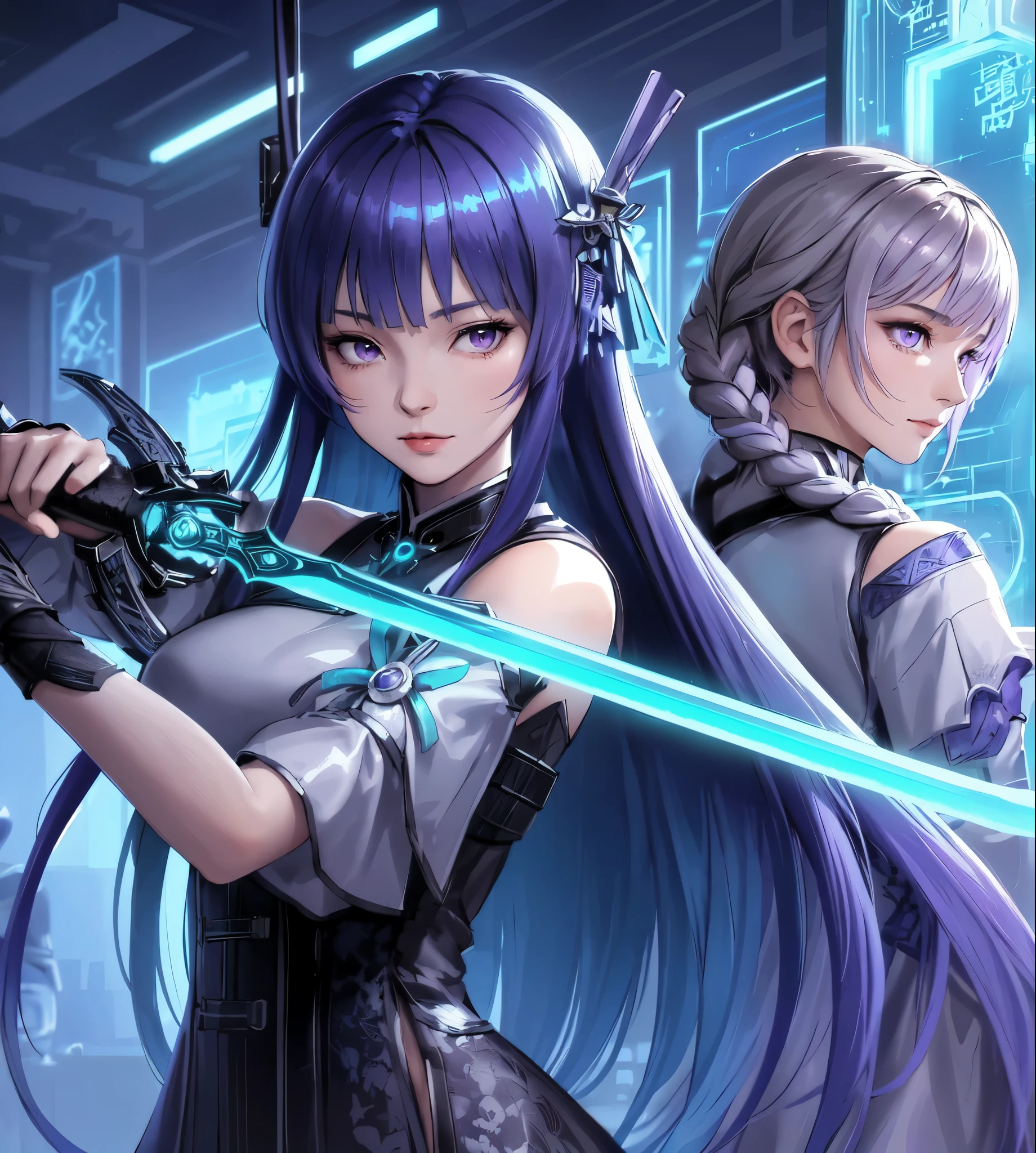 2ladies standing, (futuristic costume) (stylish outfit), mature female, cool expression, (light smile:0.8), dignified, (masterpiece best quality:1.2) delicate illustration ultra-detailed, large breasts BREAK 1lady, (holding Japanese sword), (dynamic posing), (indigo straight hair) bangs, (gradient hair) green, glove BREAK 1lady, (silver long hair) bangs, (twin braid), (gradient hair) purple, purple eyes BREAK (holding futuristic katana sword), (blade shimmering) BREAK (futuristic game world), dimly lit, danger, sharp lighting, detailed background