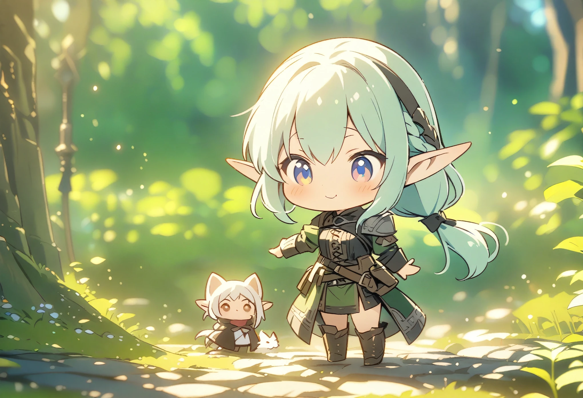 (masterpiece:1.2),(anime),(Medieval Background),(Elf sisters)、((Ready your bow)),((Shoot a bow))、Rogue Outfit、(Archer)、in the forest、((Fantasy)),Fantasy、cute、Chibi Character