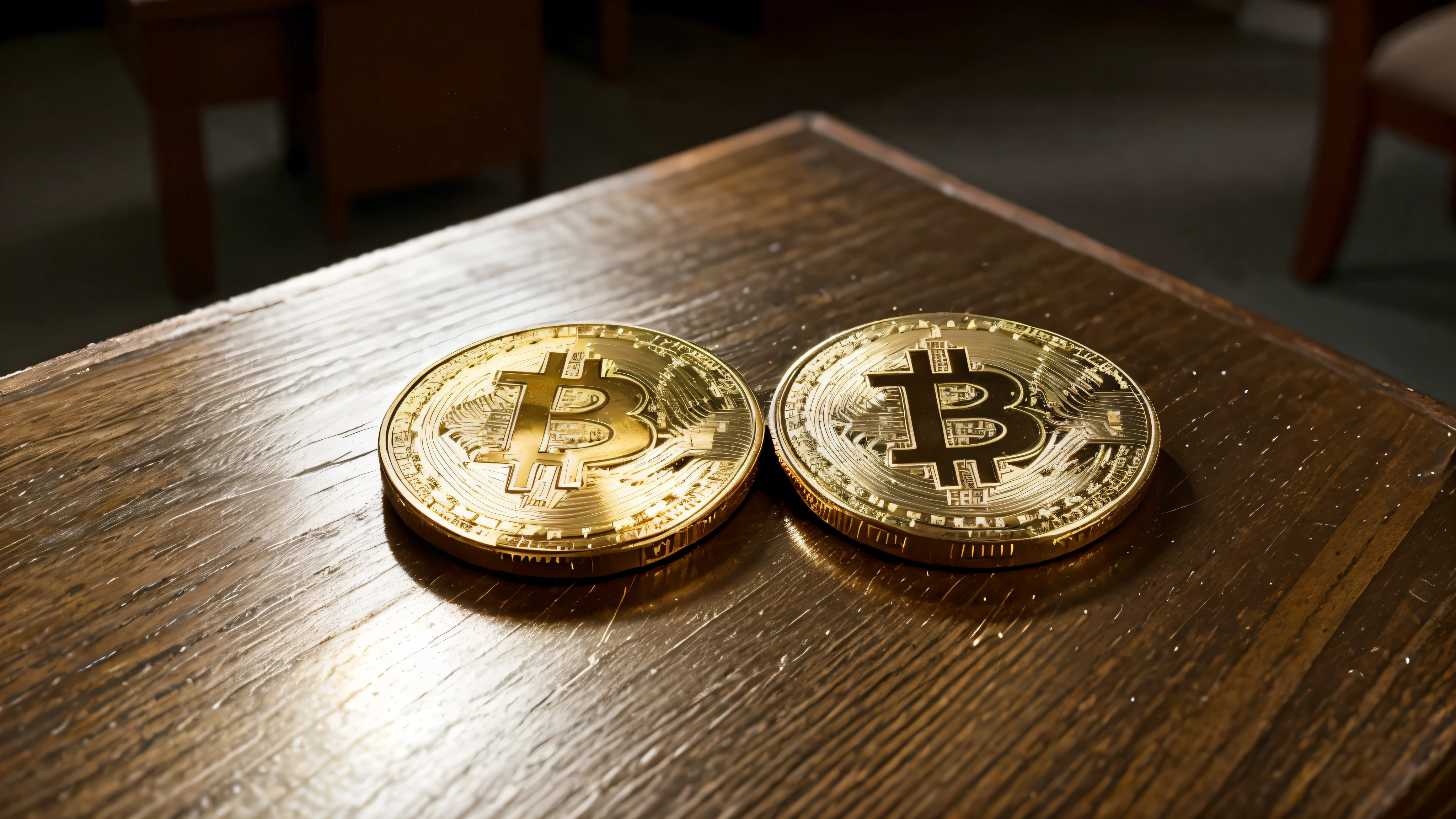 bitcoin coins on a table, propagating style, foto realista. sharp, 4k