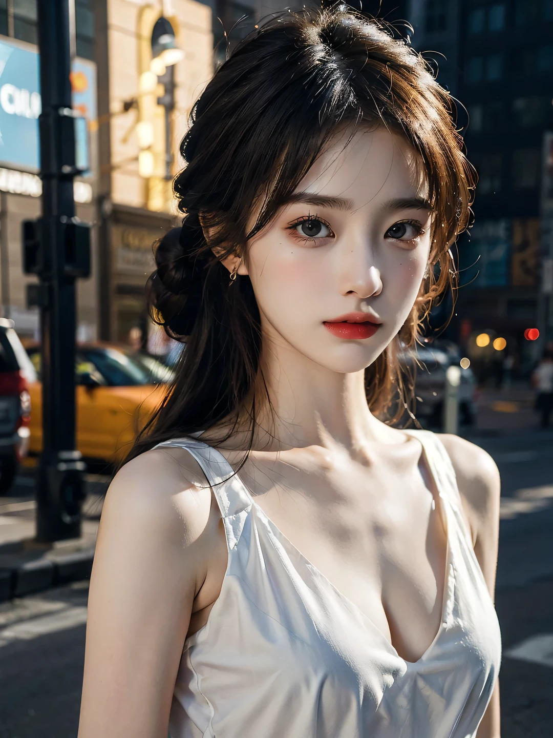 1girl, (looking at viewer:1.2), detail face, (a girl standing, rending on cgsociety, black shadows, streaming, new york backdrop), romanticism, atmospheric, (RAW photo, best quality), (realistic, photo-realistic:1.3), masterpiece, an extremely delicate and beautiful, extremely detailed,Hair in a bun,Wear delicate earrings, D cup,Cleavage,Semi-transparent deep V silk dress1.5,