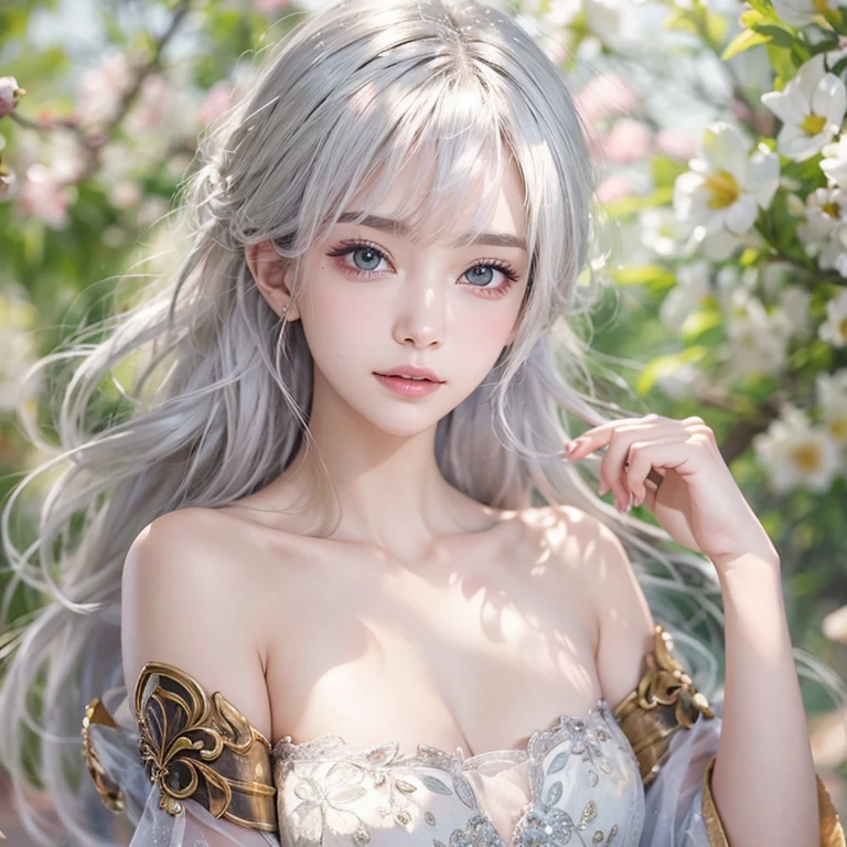 (masterpiece:1.3), (8k, Realistic, RAW Photos, Best image quality: 1.4), Fair-skinned fairy woman、short hair、Cleavage:2.0、Highly detailed face、Attention to detail、double eyelid、Sharp focus:1.2、Beautiful woman:1.4、Silvery white hair、highest quality、masterpiece、Ultra-high resolution、(Realistic:1.4)、Highly detailed and professionally lit smiles、Loose, Light,Japanese high 、 one person、whole body, I eat breakfast
