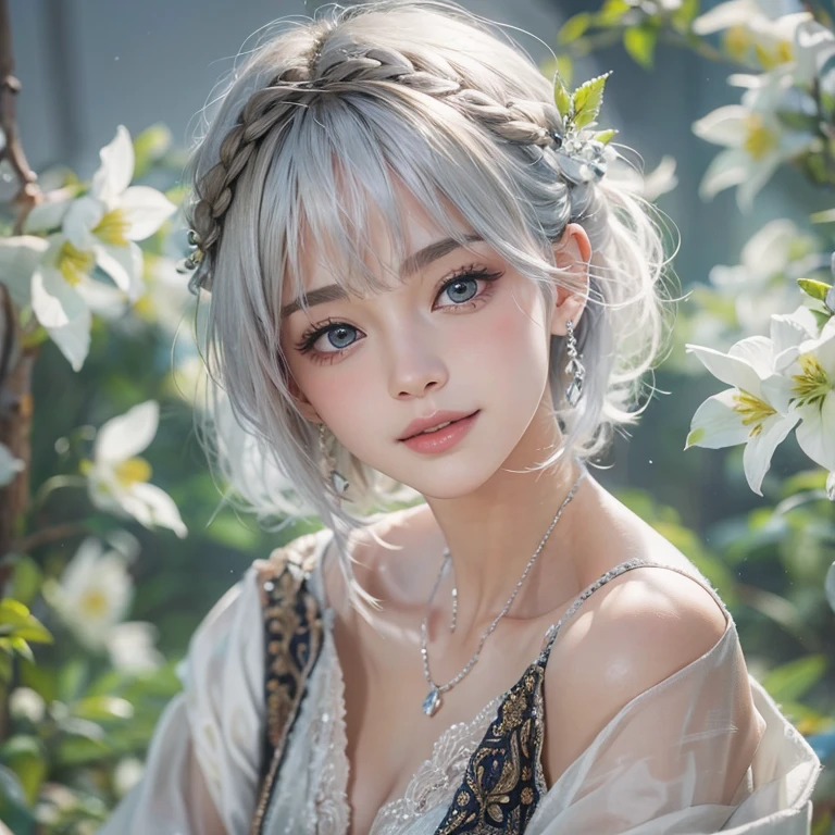 (masterpiece:1.3), (8k, Realistic, RAW Photos, Best image quality: 1.4), Fair-skinned fairy woman、short hair、Cleavage:2.0、Highly detailed face、Attention to detail、double eyelid、Sharp focus:1.2、Beautiful woman:1.4、Silvery white hair、highest quality、masterpiece、Ultra-high resolution、(Realistic:1.4)、Highly detailed and professionally lit smiles、Loose, Light,Japanese high 、 one person、whole body, I eat breakfast