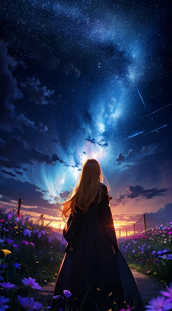 １people々々々々々々,Blonde long-haired woman，Long coat， Dress Silhouette， Rear View，Space Sky, Starry Sky，rainbow，Flower Field，Colorful flowers