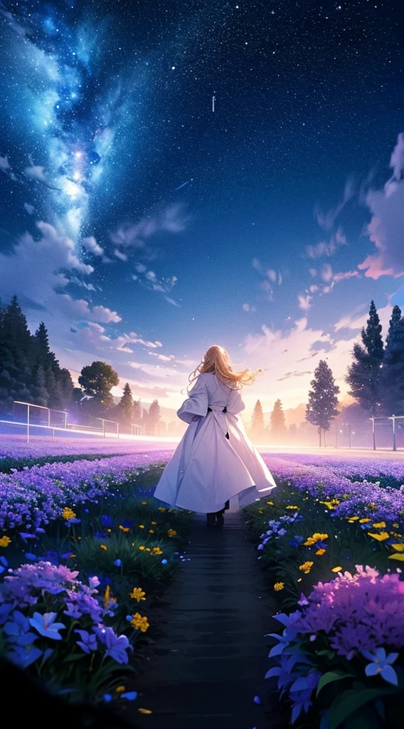 1people々々々々々々々,Blonde long-haired woman,White long coat, Dress Silhouette, Rear View,Space Sky, Flower Field,Colorful flowers