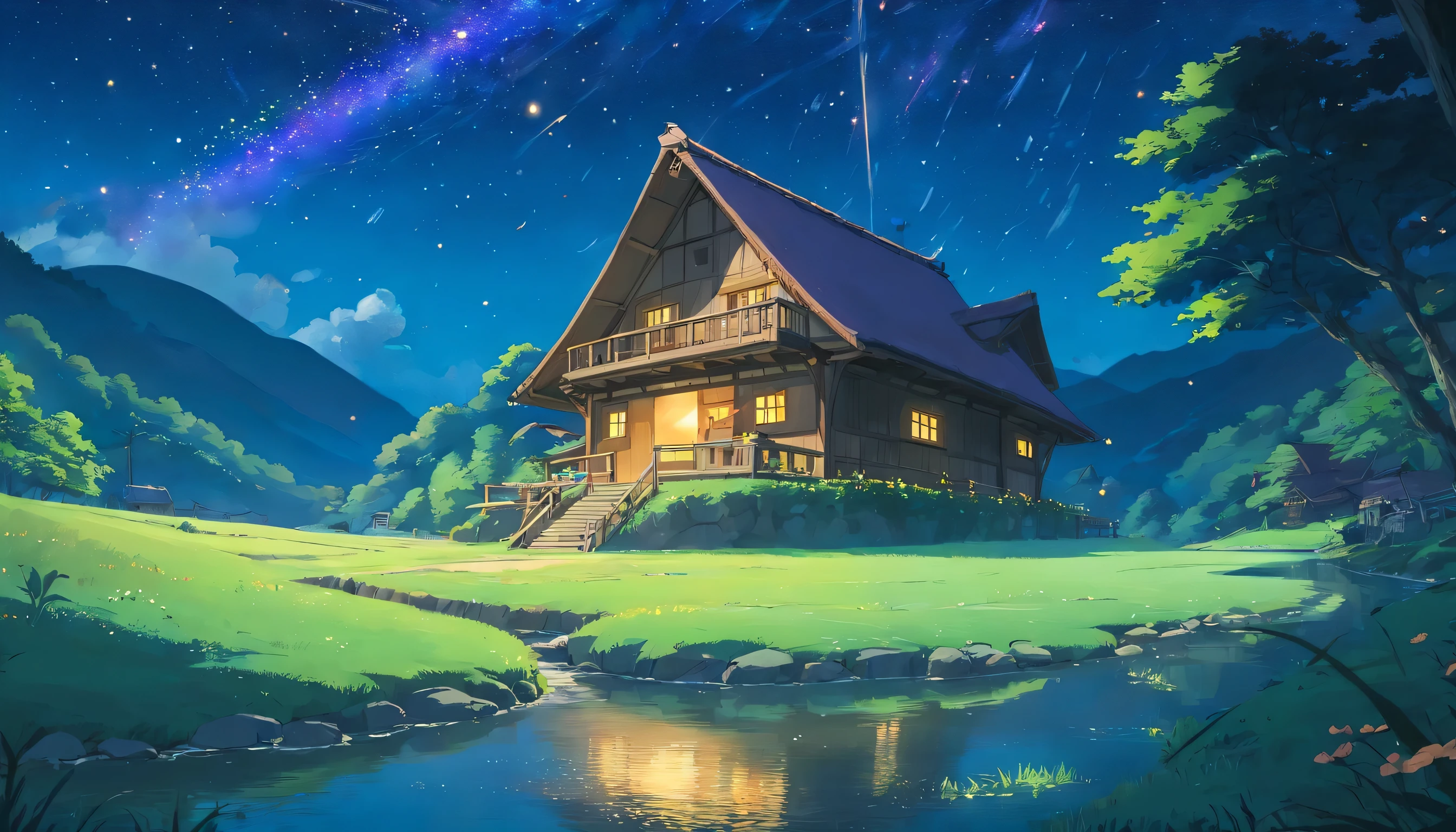 In the infinite universe, Starry sky shrouded in pitch black darkness, A special story spun by a sparkling meteor. There is a mountain hut、There is a small river valley around,There is a fawn、Fireflies appear,Hyper HD